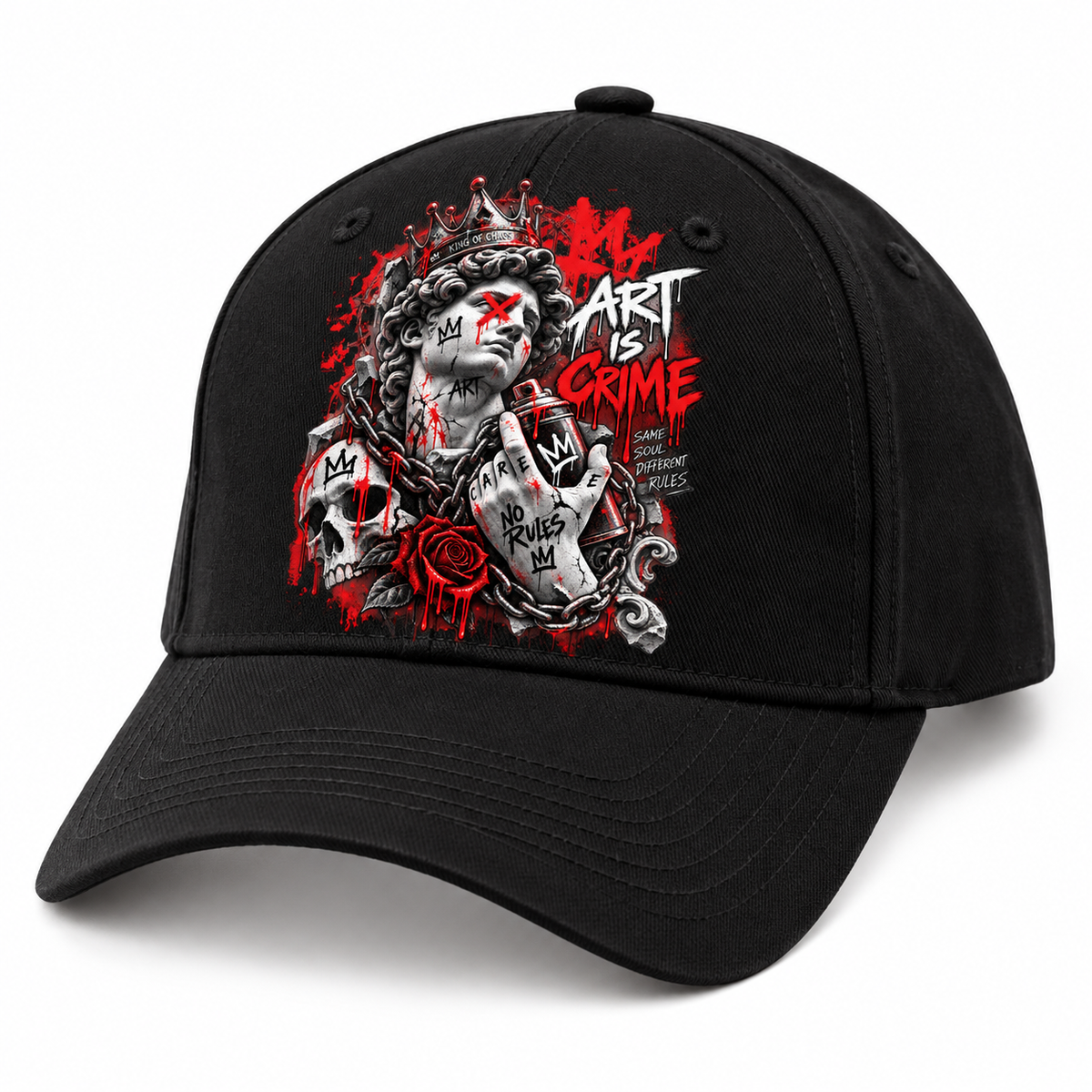 Schwarze Krayo-Art-Cap mit rot-weißem Art-is-Crime-Motiv auf der Vorderseite