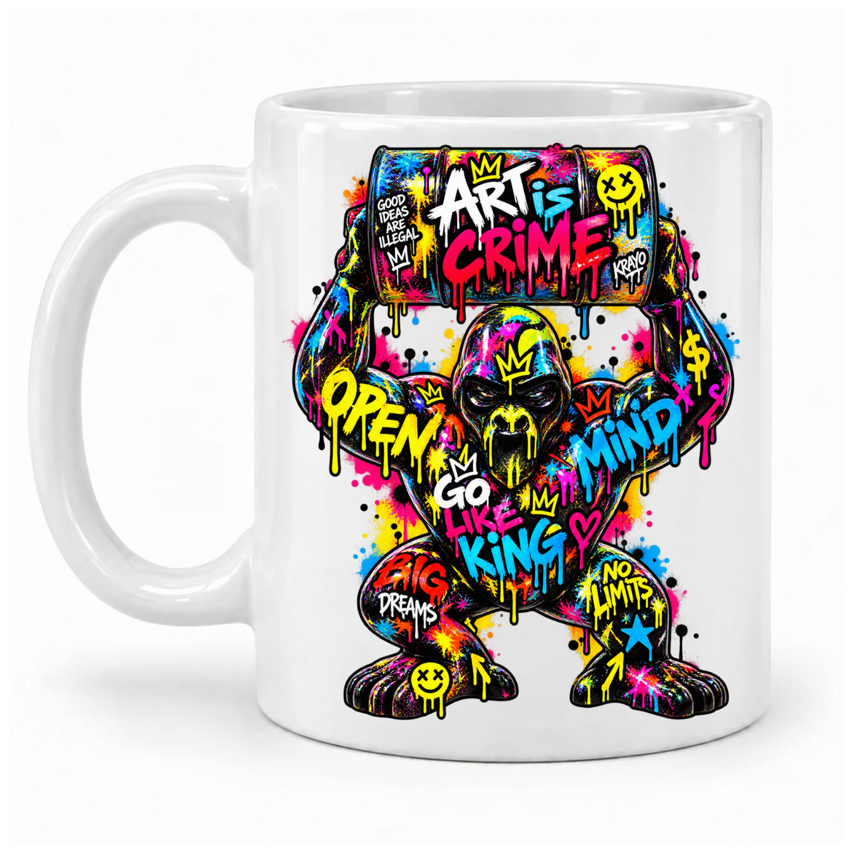 Weiße Krayo-Art-Tasse mit buntem Graffiti-Gorilla, der ein Fass mit „Art is Crime“ über dem Kopf hält, Griff links