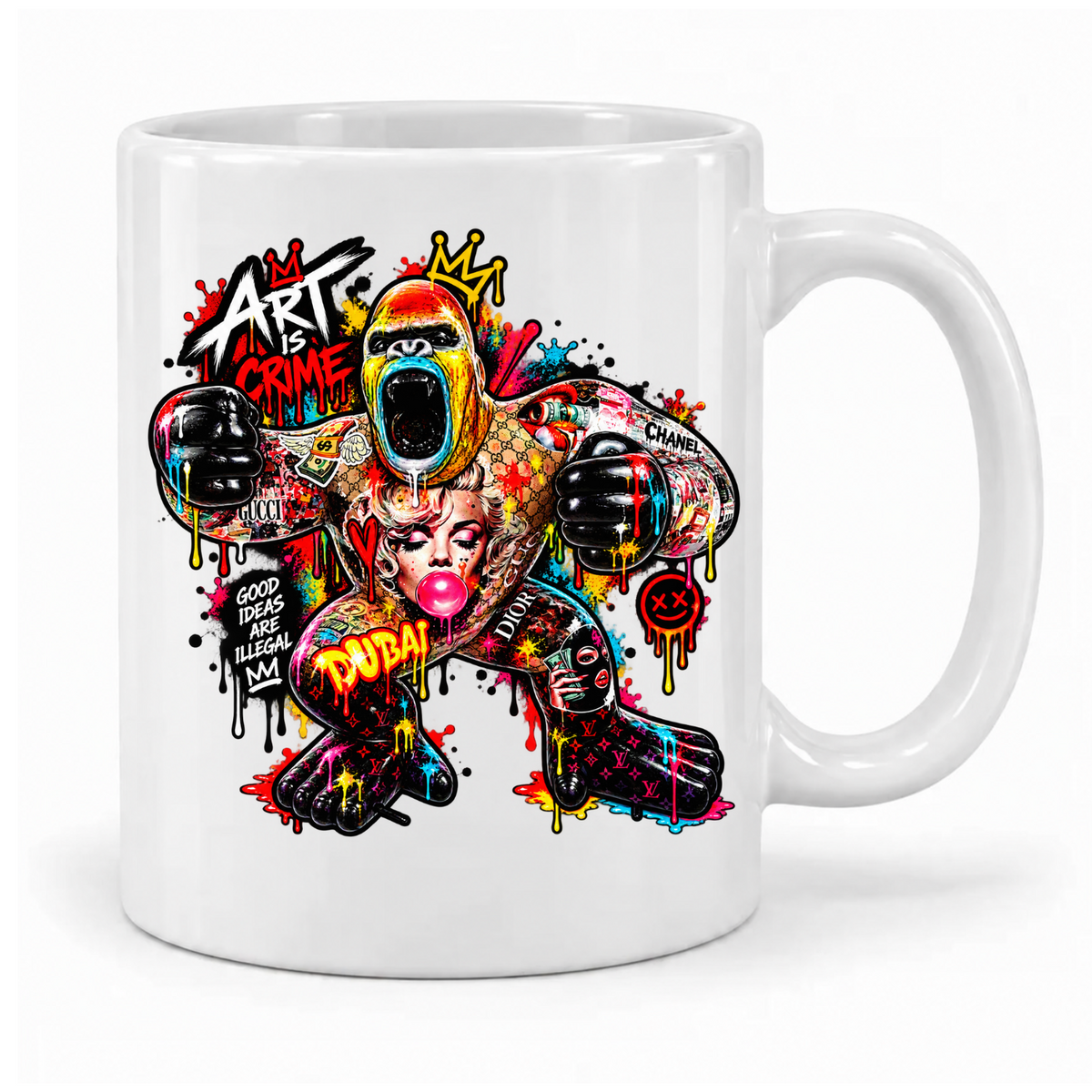 Weiße Krayo-Art-Tasse mit buntem Graffiti-Gorilla, Krone und Schriftzug „Art is Crime“, Griff rechts