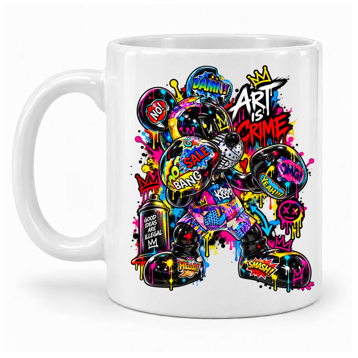 Weiße Krayo-Art-Tasse mit buntem Graffiti-Boxer und Schriftzug „Art is Crime“, Griff links