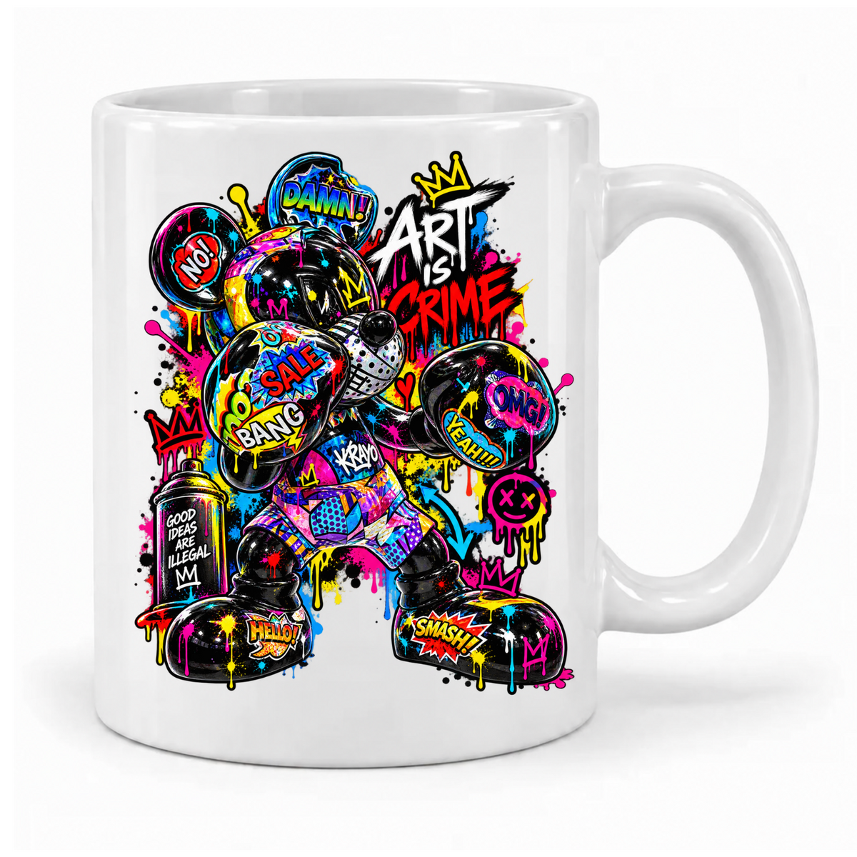 Weiße Krayo-Art-Tasse mit buntem Graffiti-Boxer und Schriftzug „Art is Crime“, Griff rechts
