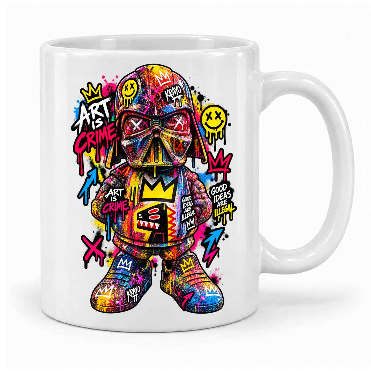 Weiße Krayo-Art-Tasse mit bunter behelmter Space-Figur, Graffiti-Kronen und Schriftzug „Art is Crime“, Griff rechts