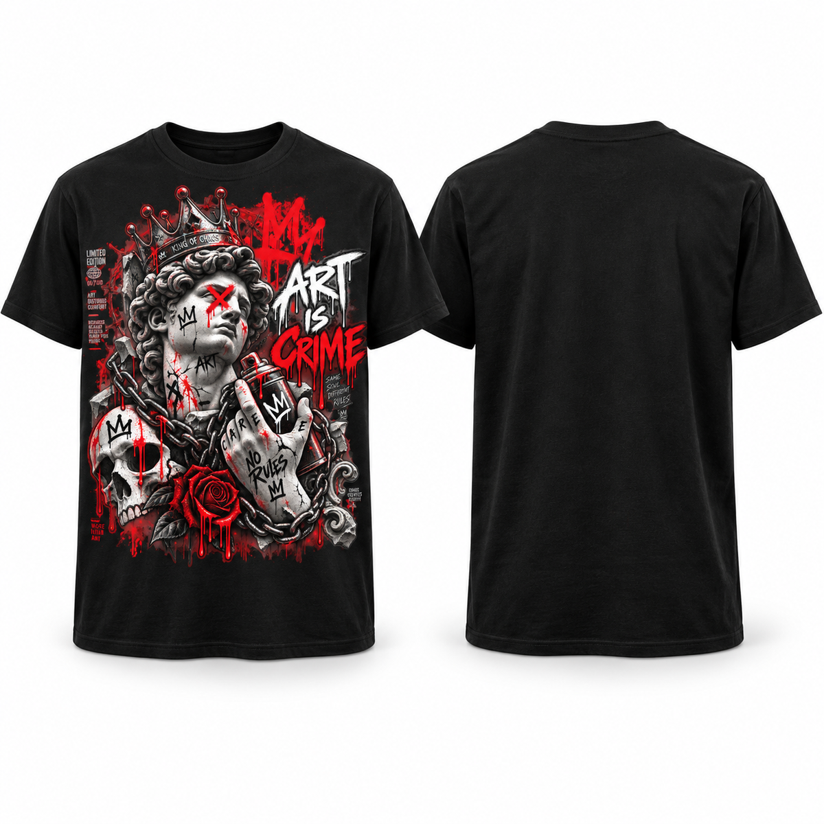Schwarzes Krayo-Art-T-Shirt mit Art-is-Crime-Frontmotiv, Vorder- und Rückansicht