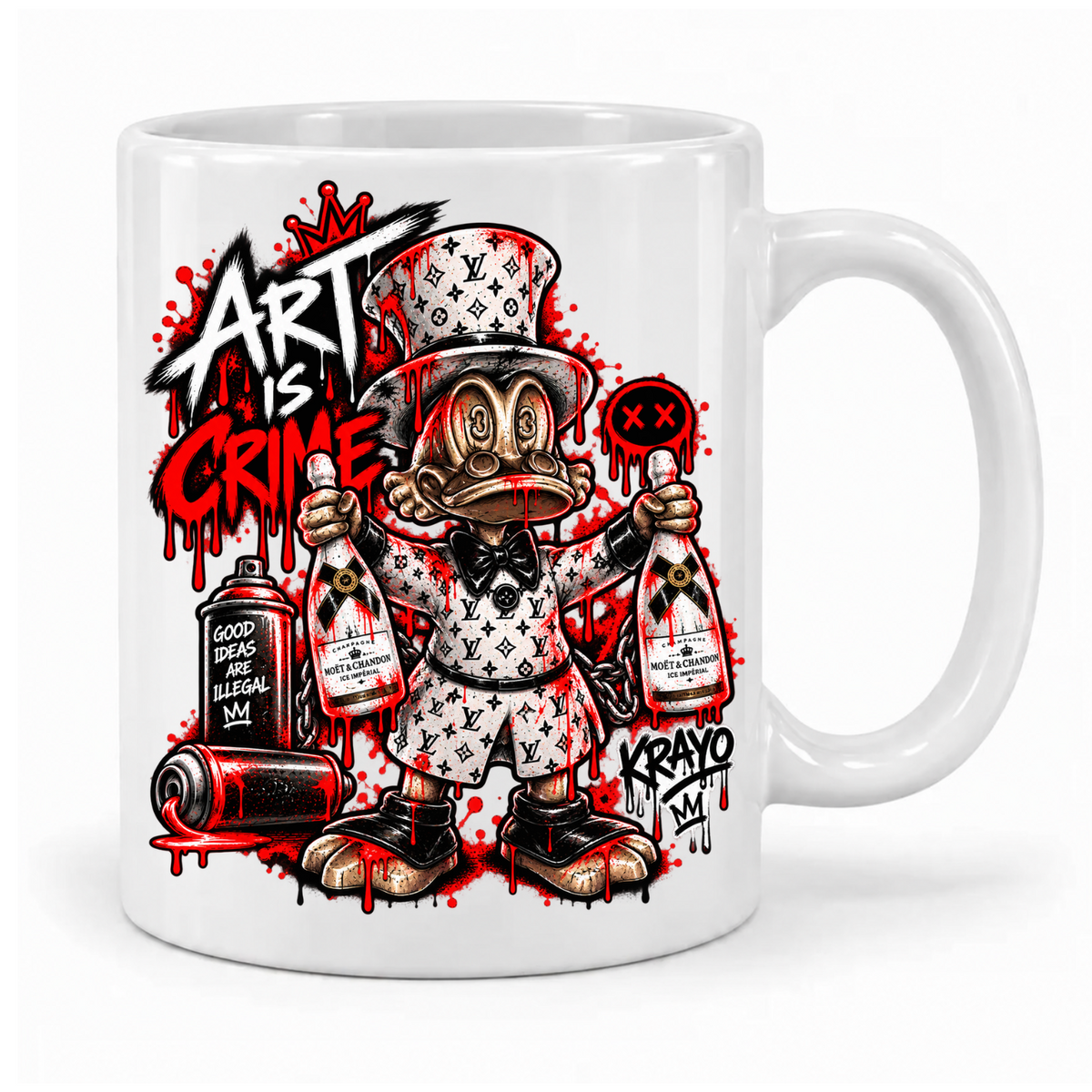Weiße Krayo-Art-Tasse mit Comic-Ente im Zylinder und „Art is Crime“-Motiv in Rot, Schwarz und Weiß, Griff rechts