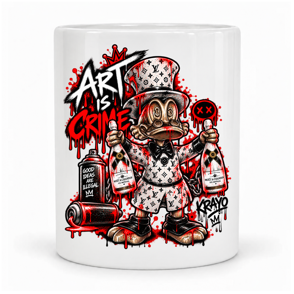 Weiße Krayo-Art-Tasse mit Comic-Ente im Zylinder und „Art is Crime“-Motiv in Rot, Schwarz und Weiß, Vor Kopf bedruckt