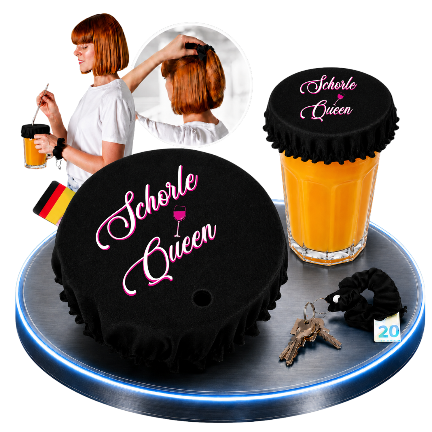 Schorle Queen Getränkeschutz mit integriertem Haarband, Schlüsselanhänger und Strohhalmöffnung – stylischer Drink Cover für Festivals, Weinfeste, Partys und Mädelsabende.