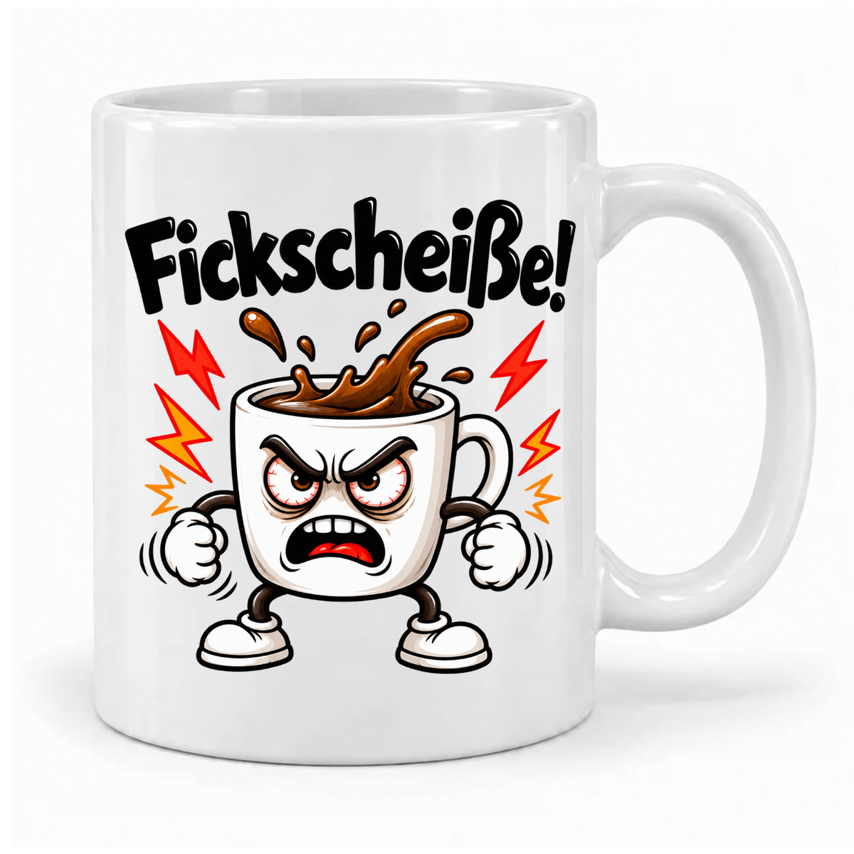 Weiße Tasse „Fickscheiße!“ mit wütender Comic-Kaffeetasse, geballten Fäusten, Kaffeespritzern und Blitzen, Griff rechts
