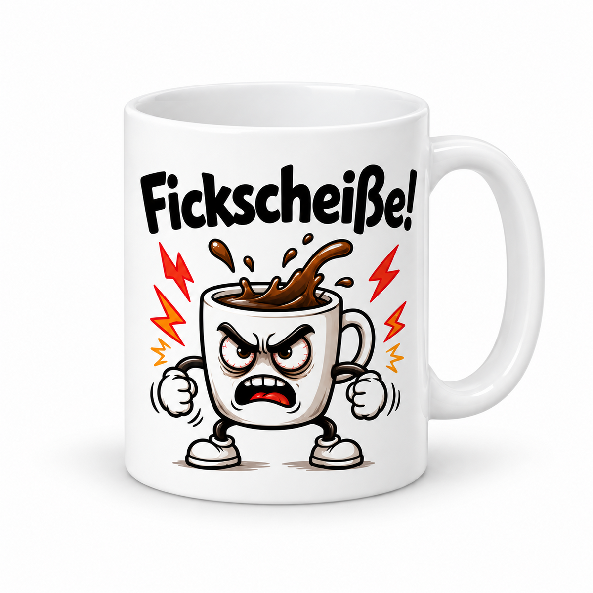 Weiße Tasse „Fickscheiße!“ – wütende Comic-Kaffeetasse mit Fäusten und Kaffeespritzern, Griff rechts.