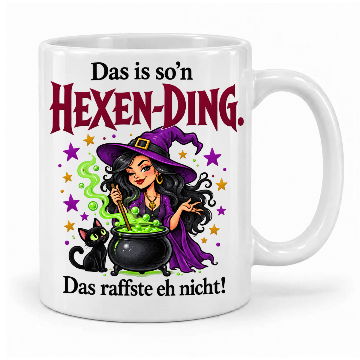 Weiße Tasse „Das is so’n Hexen-Ding. Das raffste eh nicht!“ mit zwinkernder Hexe, schwarzer Katze und grünem Zaubertrank, Griff rechts