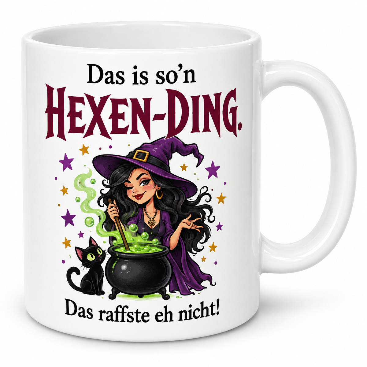 Weiße Tasse „Das is so’n Hexen-Ding.“ – Hexe mit schwarzer Katze und grün brodelndem Zauberkessel, Griff rechts.