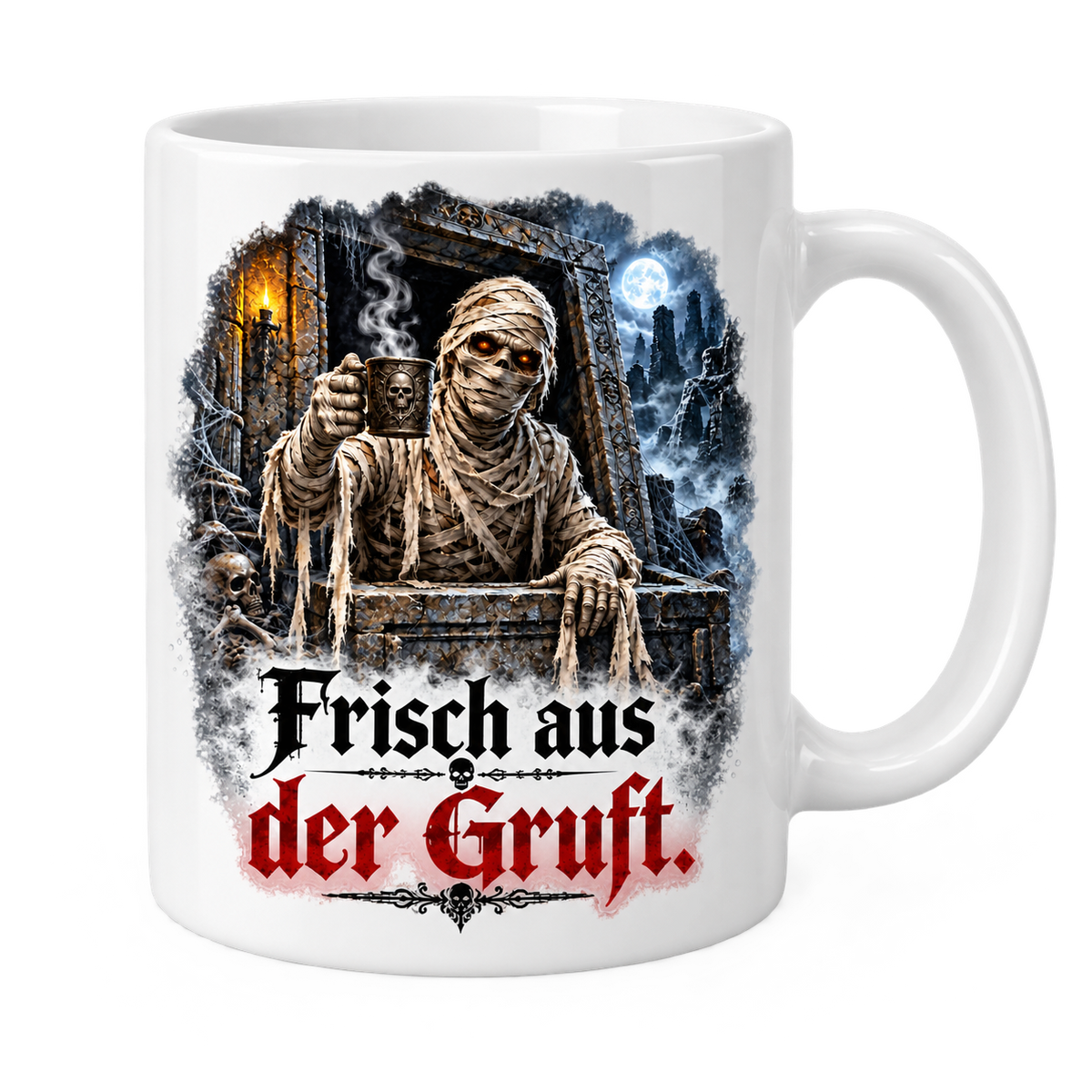 Weiße Halloween-Tasse „Frisch aus der Gruft.“ – Mumie mit dampfendem Kaffee in einer geöffneten Gruft, Griff rechts.