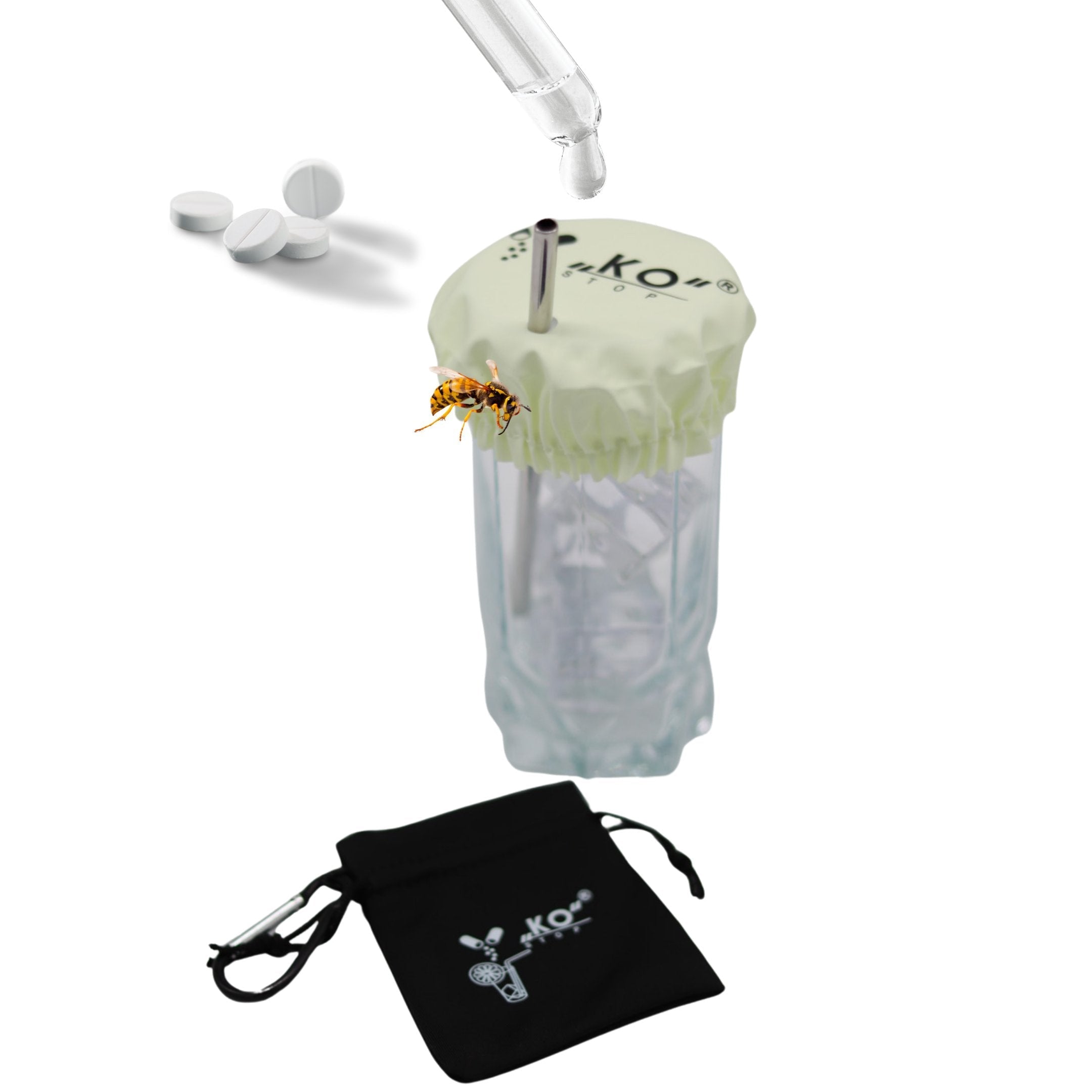 „Personalisierbarer Ko Stop Getränkeschutz auf Glas mit integriertem Schlüsselanhänger und schwarzen Stoffbeutel - effektiver Schutz vor K.O.-Tropfen"