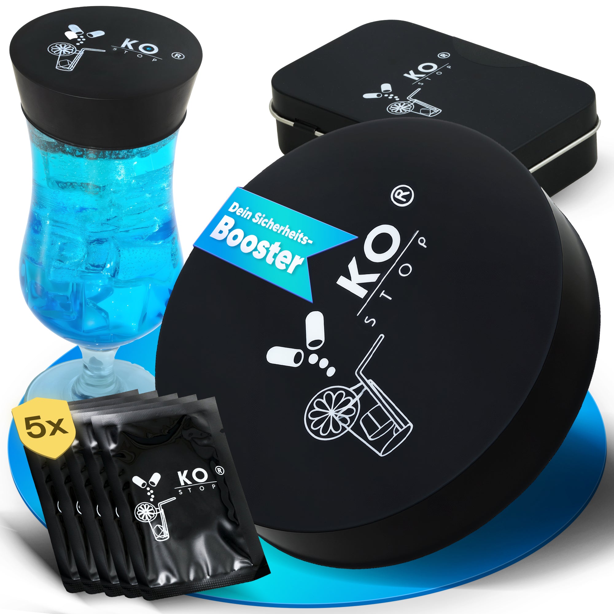Ko Stop® Getränkeschutzdeckel – 5er-Set in edler Metalldose | Schutz vor K.-o.-Tropfen, Wespen & Verschütten | Einweg, personalisierbar