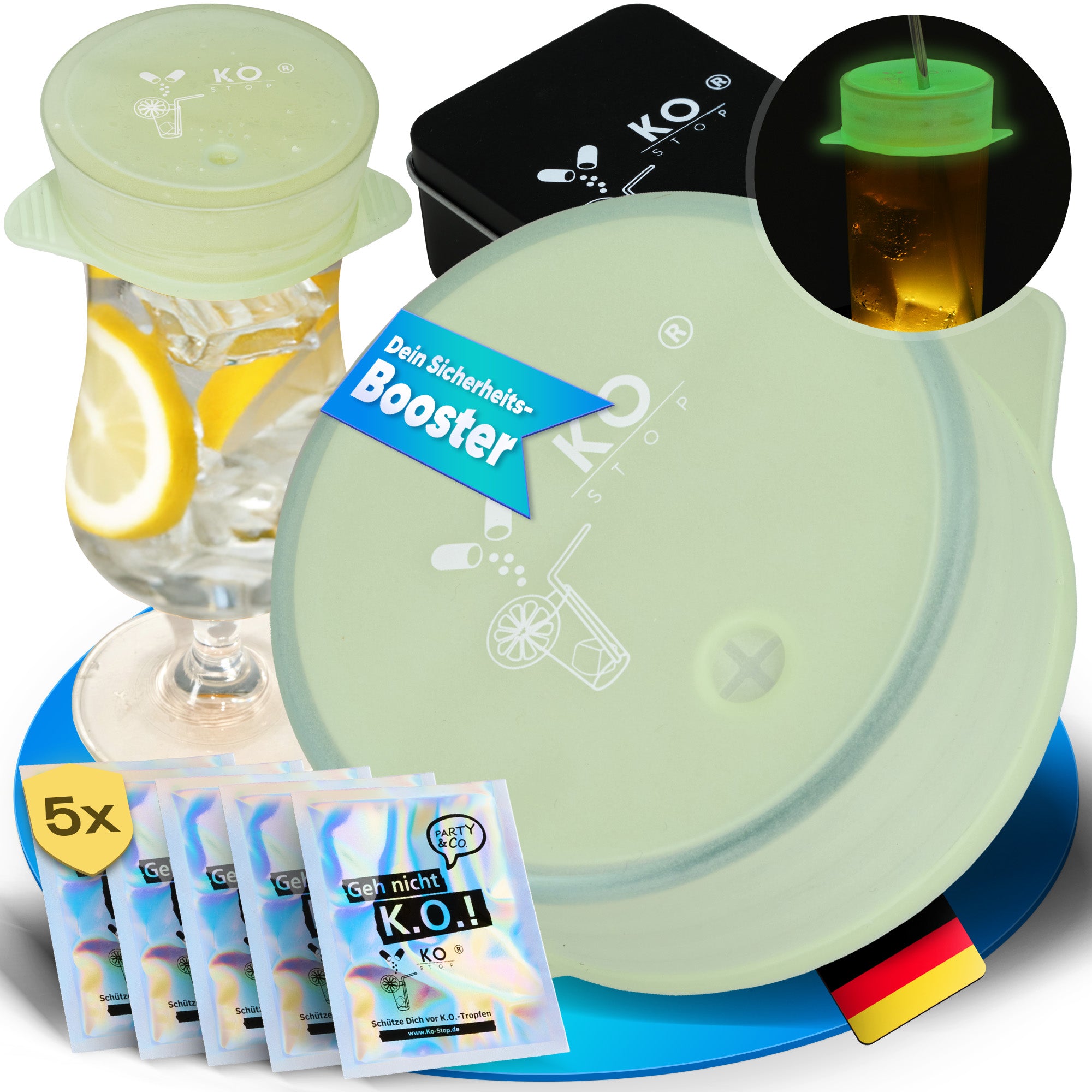 Ko Stop® Getränkeschutzdeckel – 5er-Set in edler Metalldose | Schutz vor K.-o.-Tropfen, Wespen & Verschütten | Mehrweg personalisierbar jetzt mit Leuchteffekt für sicheres Feiern