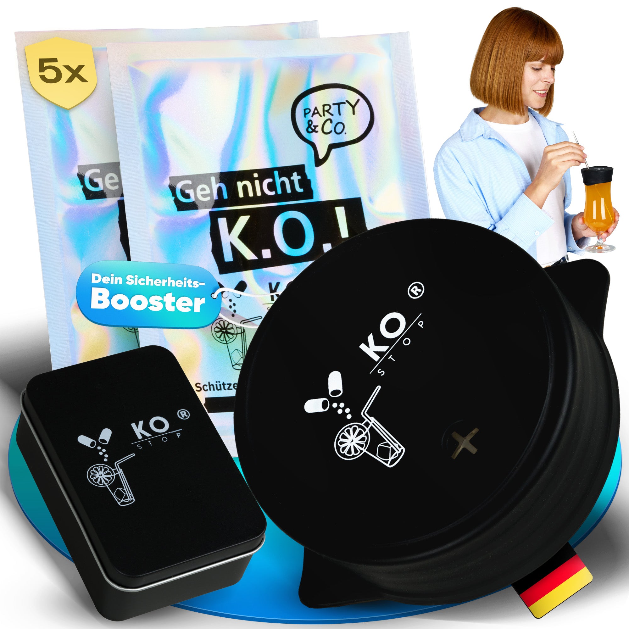 Ko Stop® Getränkeschutzdeckel – 5er-Set in edler Metalldose | Schutz vor K.-o.-Tropfen, Wespen & Verschütten | Mehrweg personalisierbar jetzt in Schwarz für sicheres Feiern