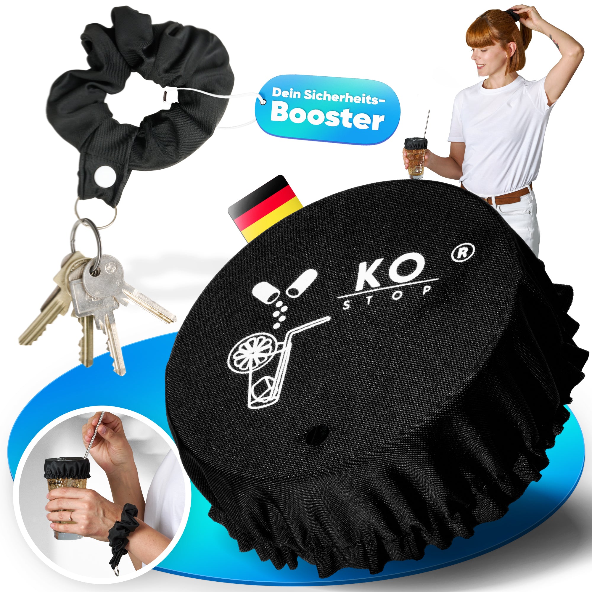 Ko Stop® 4in1 Getränkeschutz Haarband – Stylisch, sicher & vielseitig Schutz vor K.-o.-Tropfen, Insekten & Schmutz | Mehrweg, personalisierbar