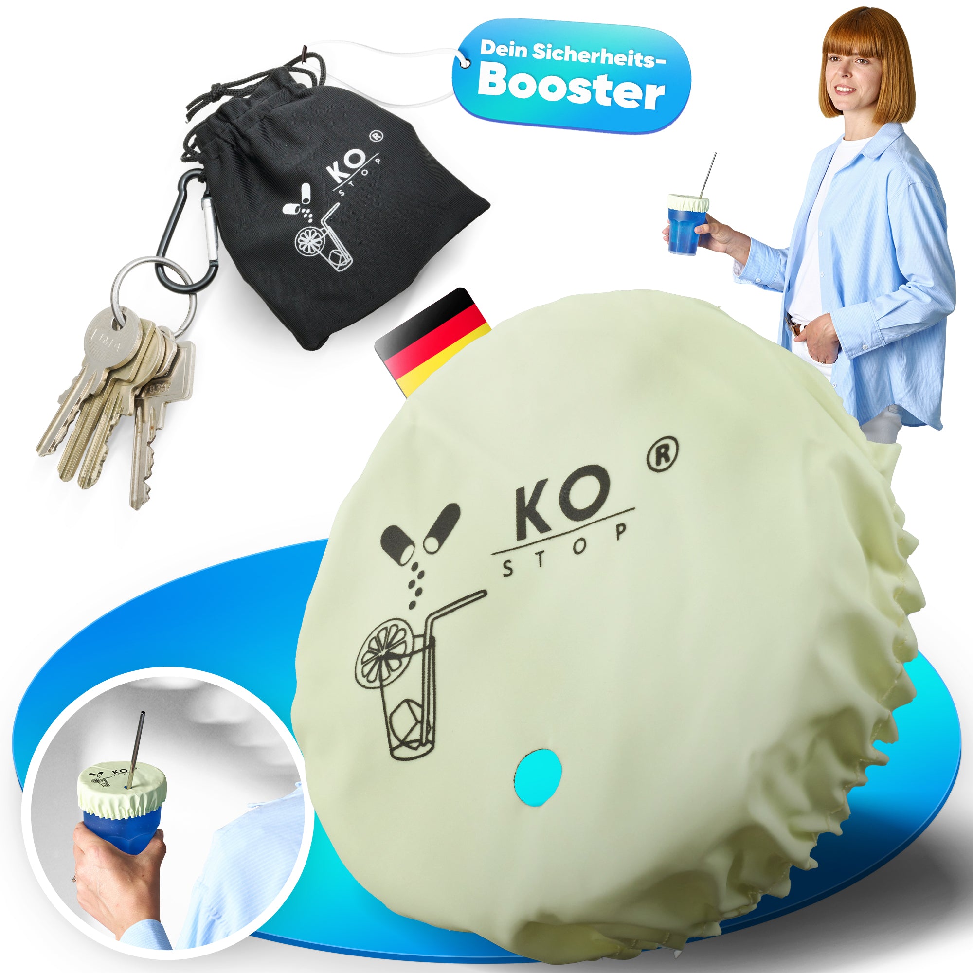Sicherheit trifft Stil – Der Ko Stop® Getränkeschutz mit Schlüsselanhänger in Grün leuchtend | Mehrweg, personalisierbar | Schutz vor K.-o.-Tropfen, Wespen & Schmutz