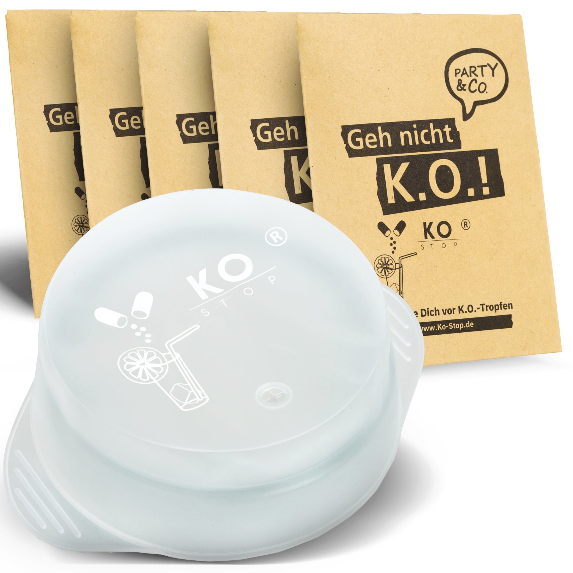 Ko Stop® Getränkeschutzdeckel 5er Pack – Schutz vor K.-o.-Tropfen, Insekten & Verschütten – Ø 9–11 cm – Weiß Transparent für 1Liter Krüge