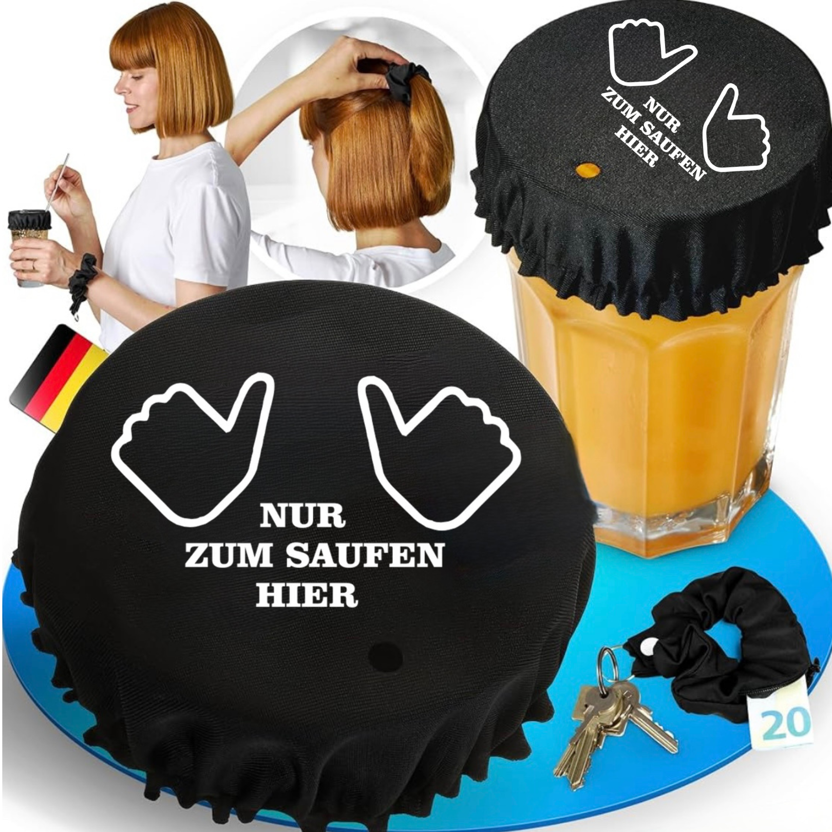 Ko Stop® Nur zum Saufen hier Getränkeschutz Haarband Scrunchie Schutz vor Ko Tropfen, wiederverwendbar!