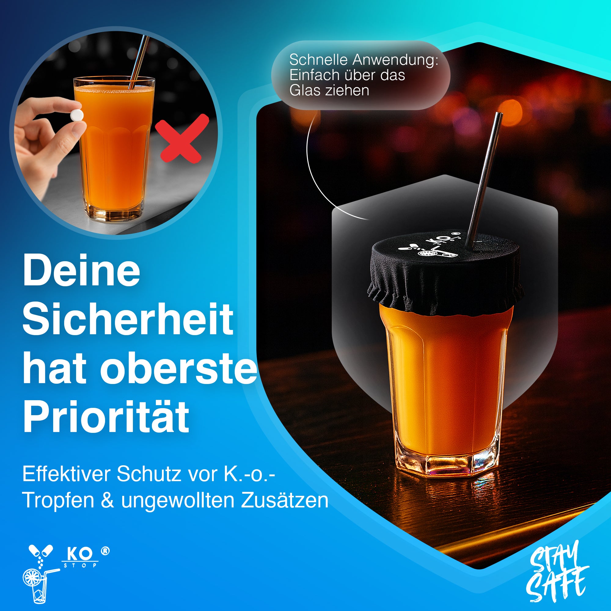 Ko Stop® 4in1 Getränkeschutz Haarband – Stylisch, sicher & vielseitig Schutz vor K.-o.-Tropfen, Insekten & Schmutz | Mehrweg, personalisierbar