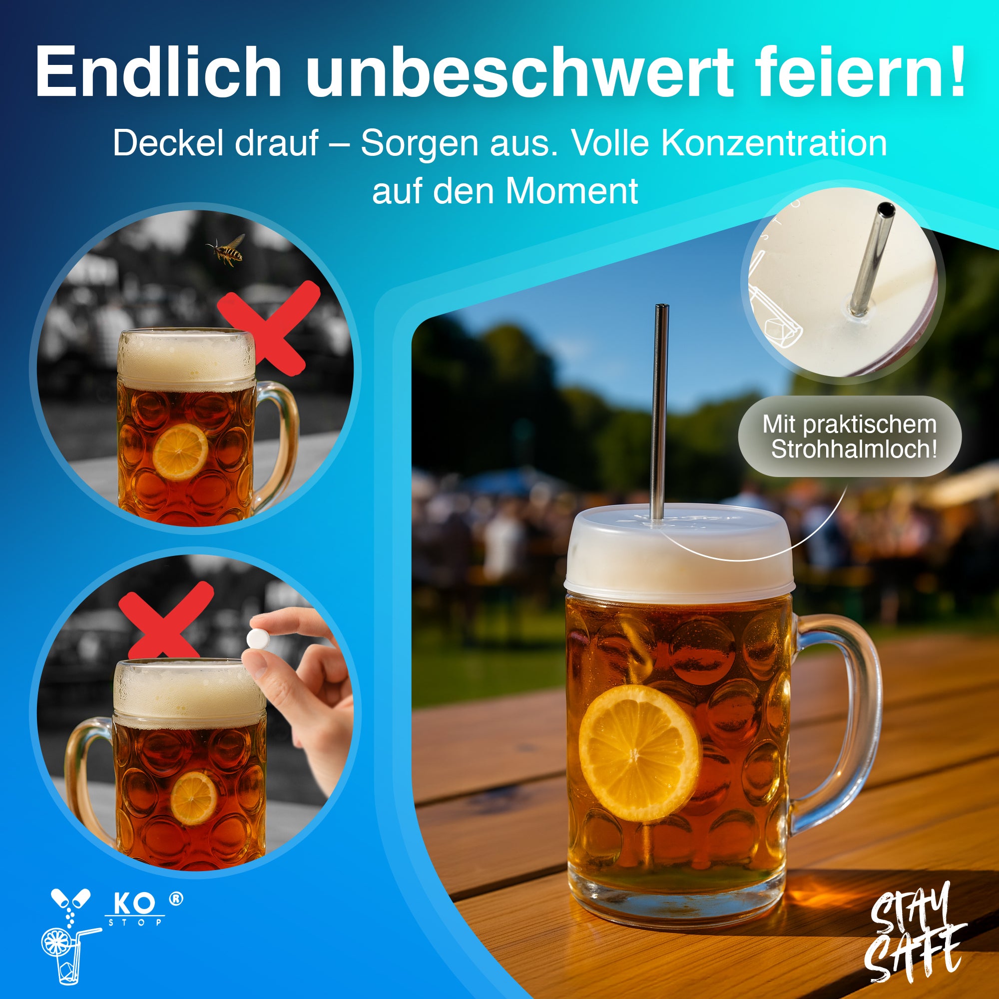 Ko Stop® Getränkeschutzdeckel 5er Pack – Schutz vor K.-o.-Tropfen, Insekten & Verschütten – Ø 9–11 cm – Weiß Transparent für 1Liter Krüge