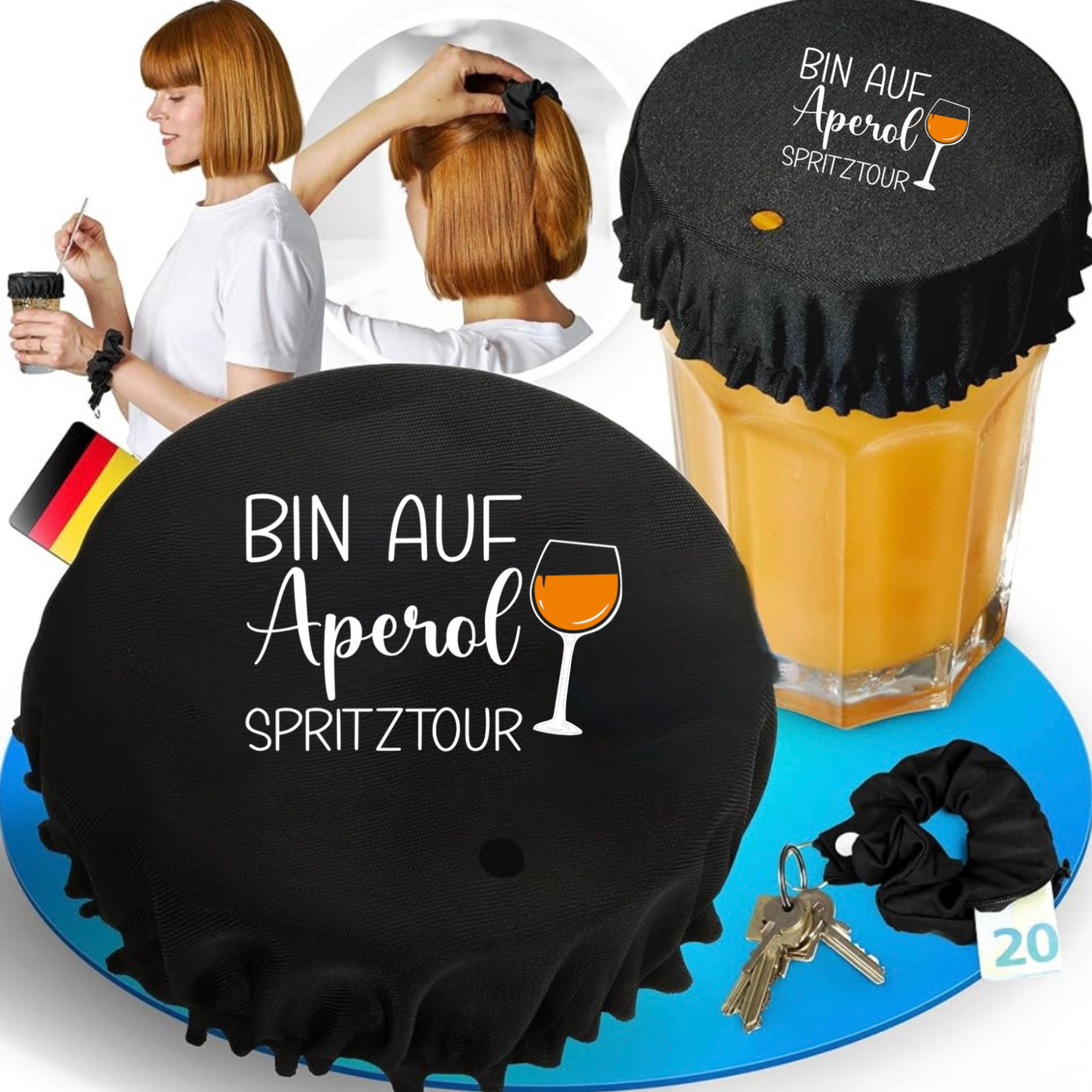 Bin auf Aperol Spritztour Getränkeschutz Haarband Scrunchie Schutz vor Ko Tropfen, wiederverwendbar!