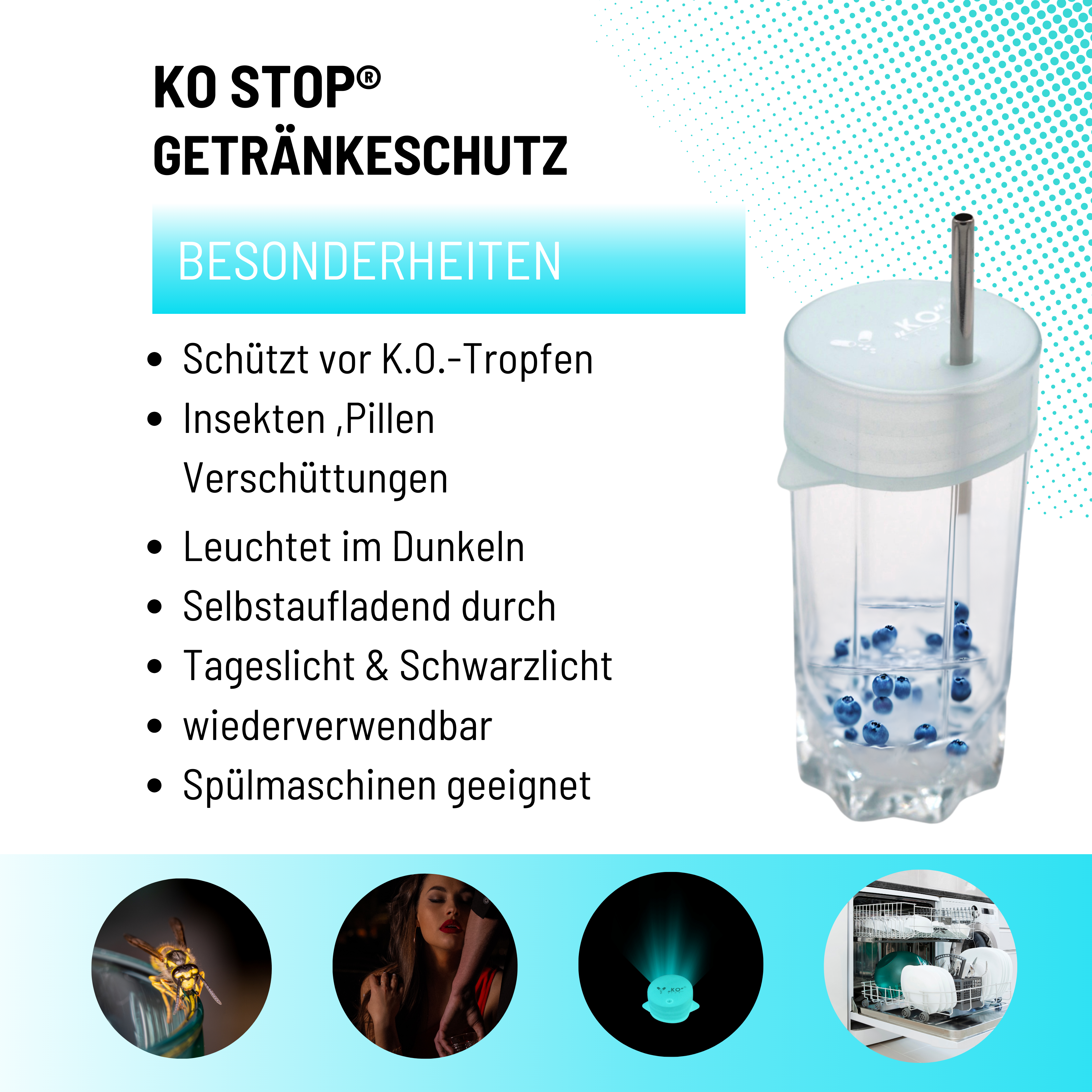 KO Stop® 5er Pack Getränkeschutz gegen K.o. Tropfen, Insekten und Verschüttungen – jetzt mit Leuchteffekt für sicheres Feiern Hellblau leuchtend