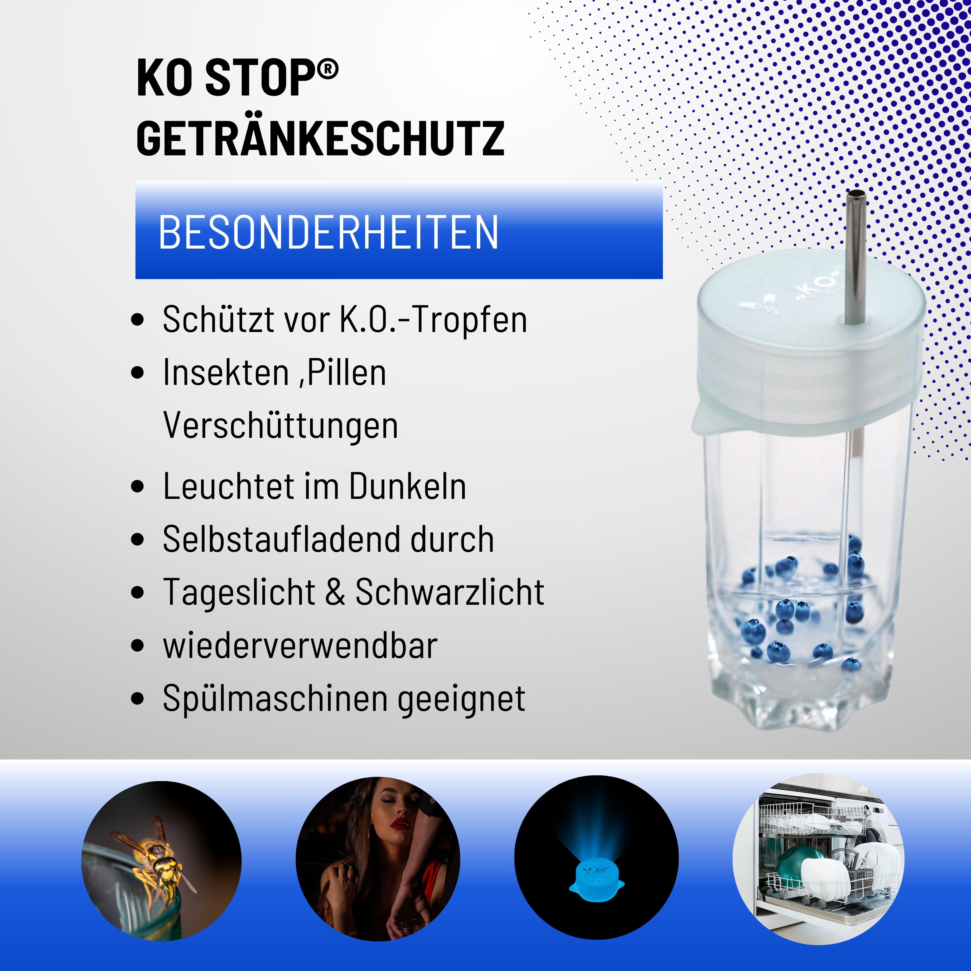 KO Stop® 5er Pack Getränkeschutz gegen K.o. Tropfen, Insekten und Verschüttungen – jetzt mit Leuchteffekt für sicheres Feiern Blau leuchtend