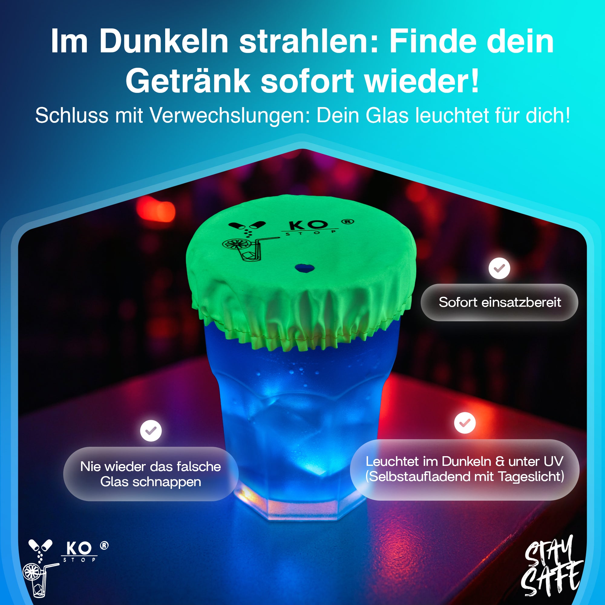Sicherheit trifft Stil – Der Ko Stop® Getränkeschutz mit Schlüsselanhänger in Grün leuchtend | Mehrweg, personalisierbar | Schutz vor K.-o.-Tropfen, Wespen & Schmutz