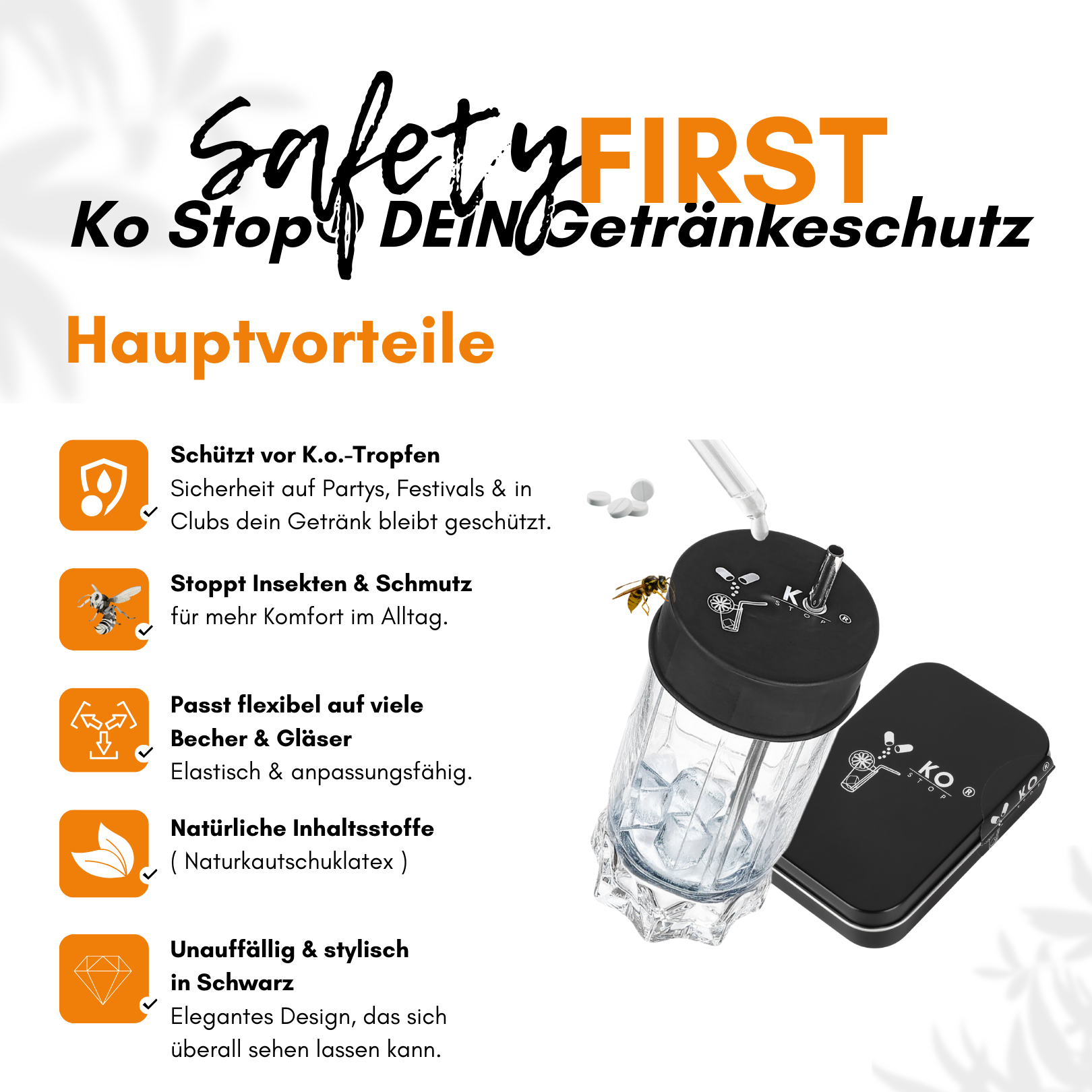 Ko Stop Getränkeschutzdeckel – 5er-Pack in schwarzer Metalldose mit Kondomhülle