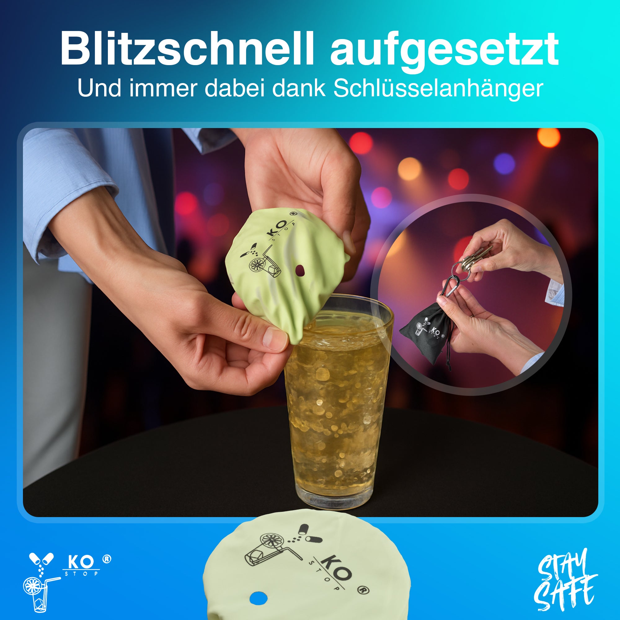 Sicherheit trifft Stil – Der Ko Stop® Getränkeschutz mit Schlüsselanhänger in Grün leuchtend | Mehrweg, personalisierbar | Schutz vor K.-o.-Tropfen, Wespen & Schmutz