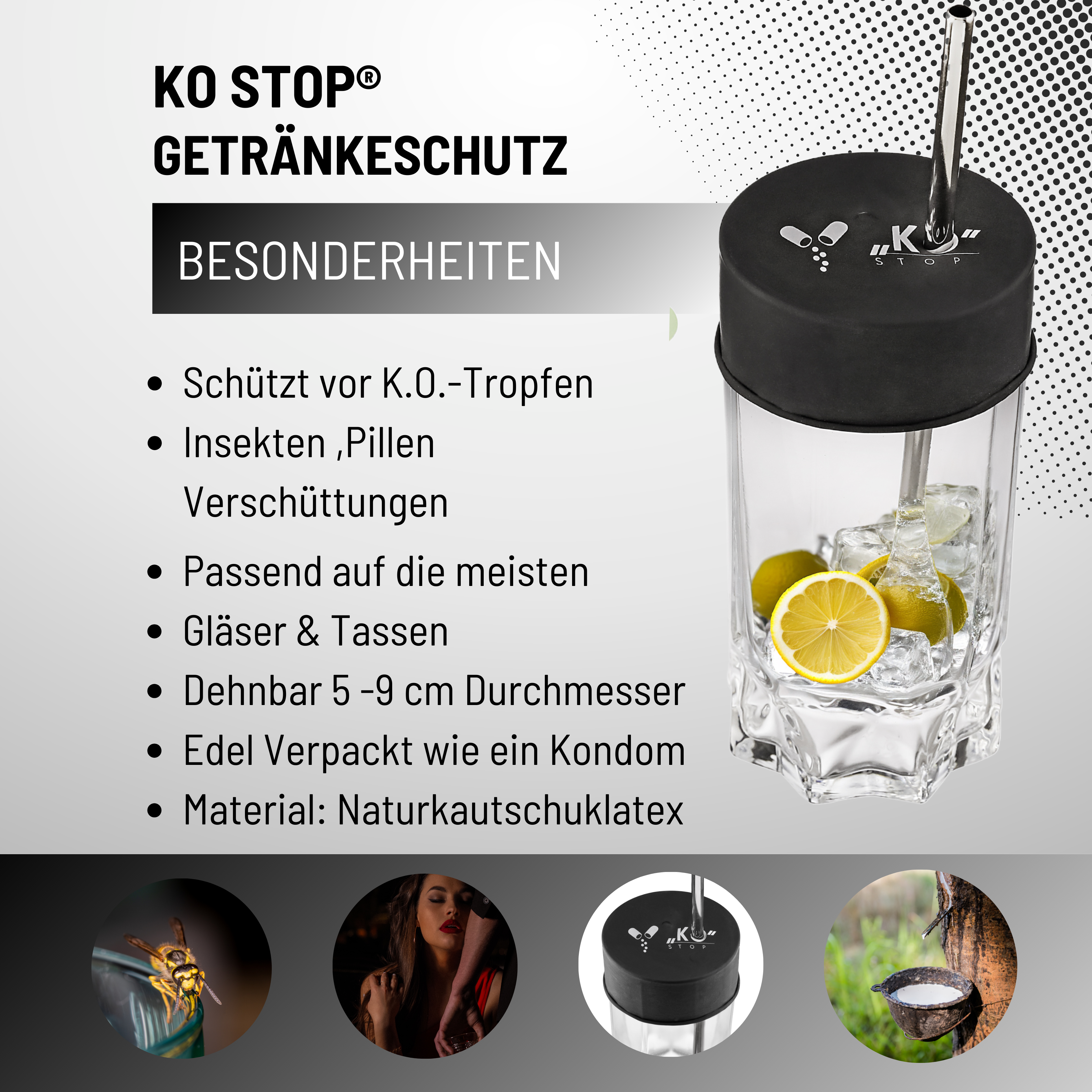 KO Stop® Natürlicher Naturkautschuklatex Getränkeschutz gegen K.o. Tropfen, Insekten und Verschüttungen