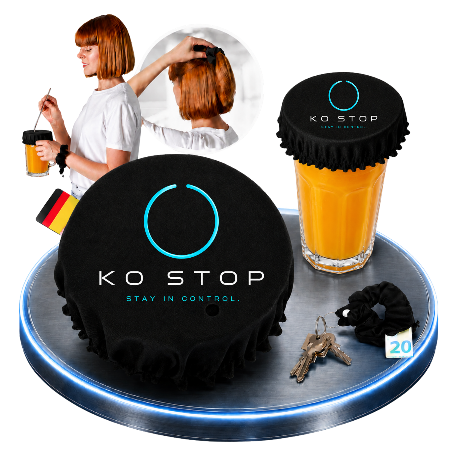 Drink Cover Scrunchie – Getränkeschutz 4in1 mit Schlüsselanhänger I KO STOP®