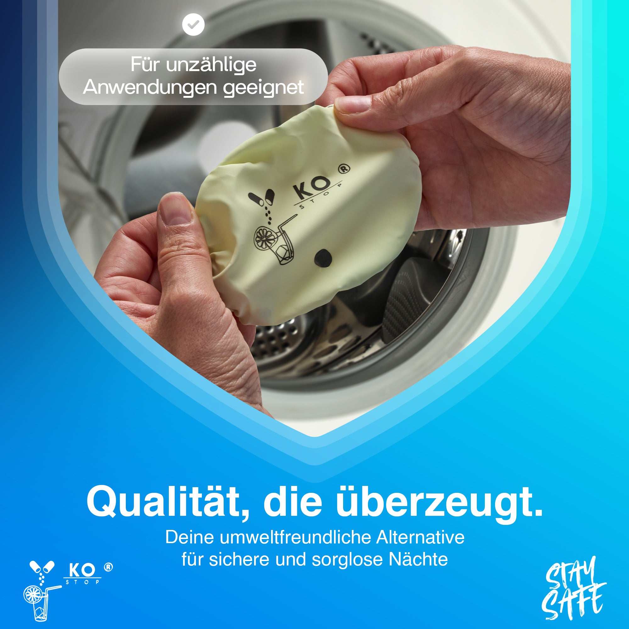 Sicherheit trifft Stil – Der Ko Stop® Getränkeschutz mit Schlüsselanhänger in Grün leuchtend | Mehrweg, personalisierbar | Schutz vor K.-o.-Tropfen, Wespen & Schmutz
