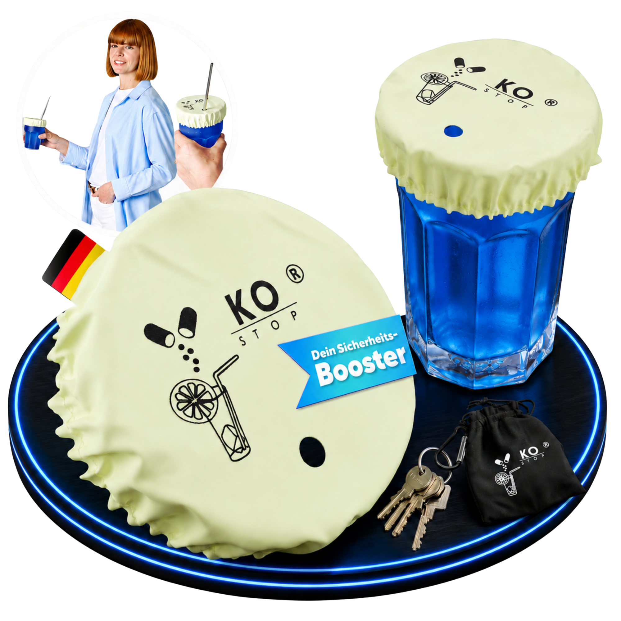 KO STOP® Glow Drink Cover 2in1 – Leuchtender Getränkeschutz mit Schlüsselanhänger