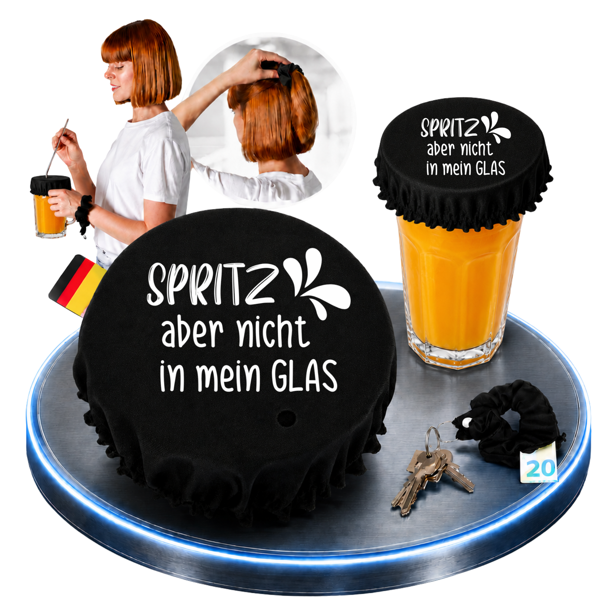 KO STOP® Getränkeschutz Scrunchie 4in1 – Spritz aber nicht in mein Glas