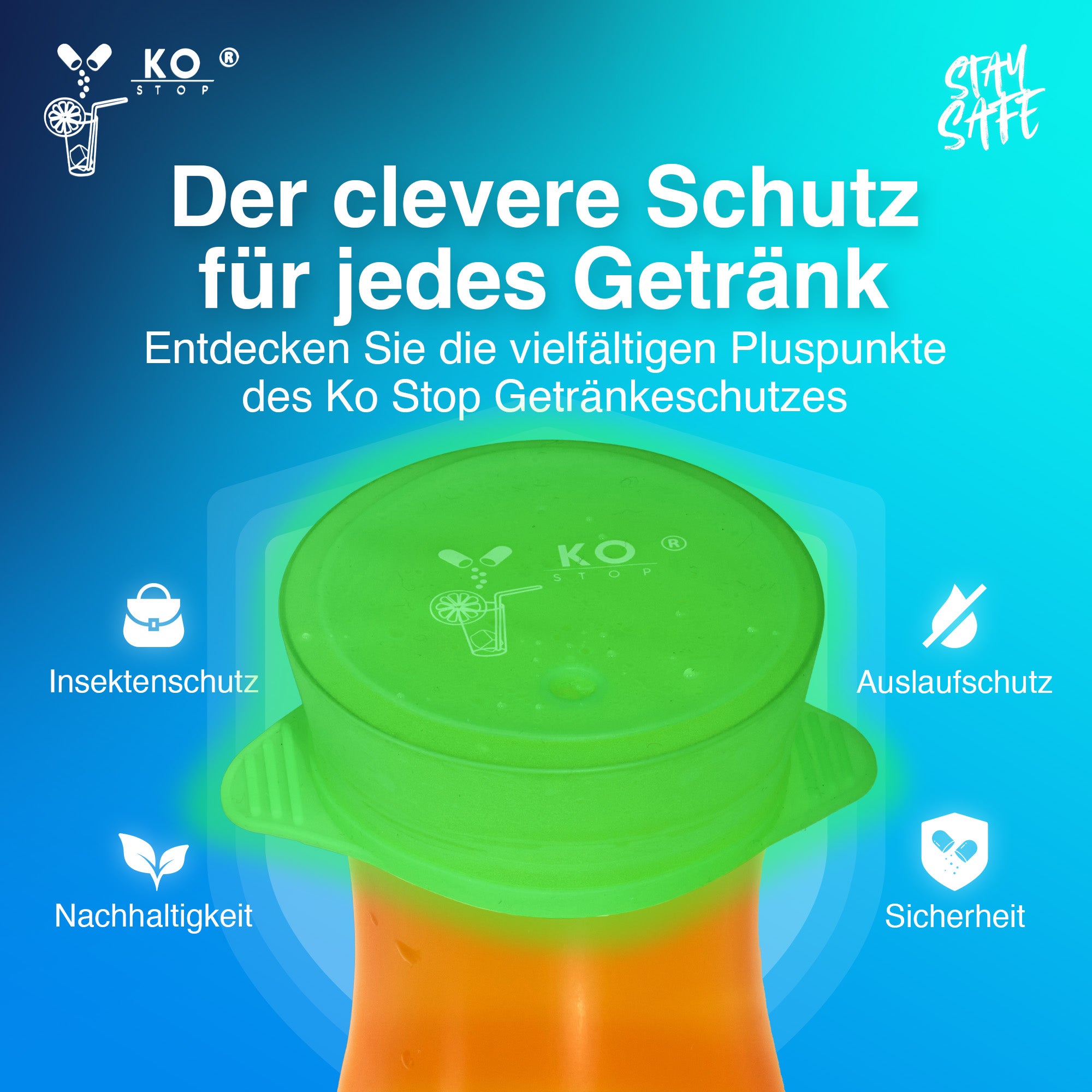 "KO" Stop® beverage protection covers beverage lids against KO drops bright glow reusable ♻️ 5 pieces UNIVERSAL Ø