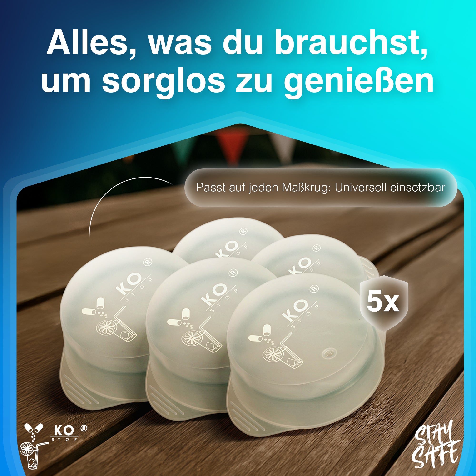 Ko Stop® Getränkeschutzdeckel 5er Pack – Schutz vor K.-o.-Tropfen, Insekten & Verschütten – Ø 9–11 cm – Weiß Transparent für 1Liter Krüge