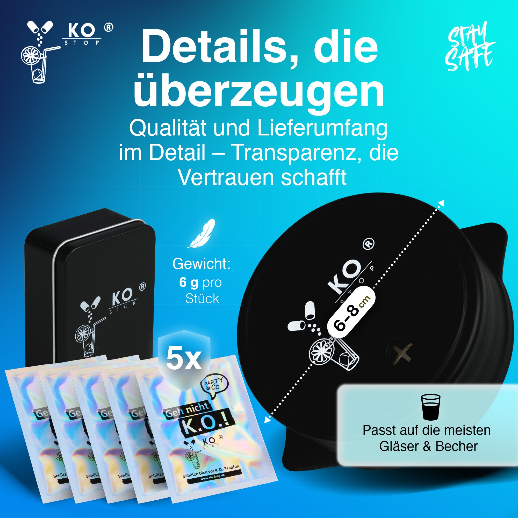 Ko Stop® Getränkeschutzdeckel – 5er-Set in edler Metalldose | Schutz vor K.-o.-Tropfen, Wespen & Verschütten | Mehrweg personalisierbar jetzt in Schwarz für sicheres Feiern