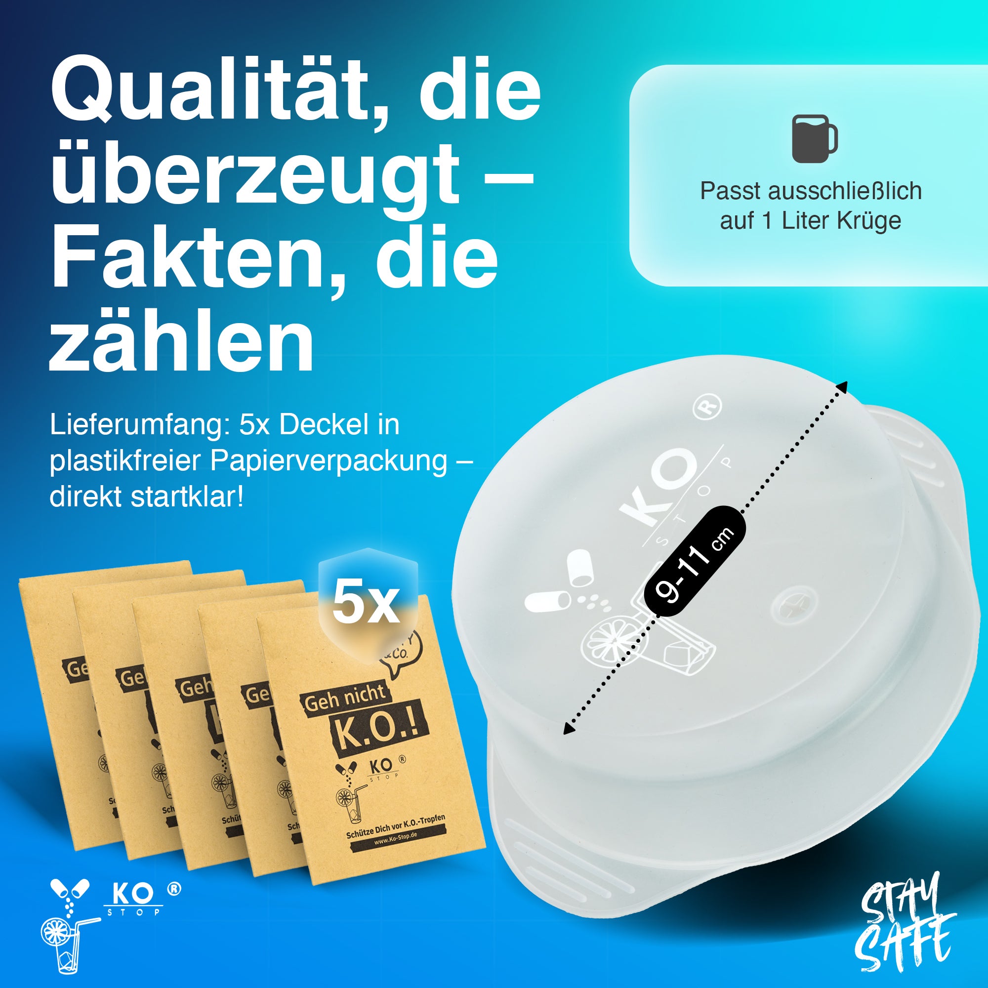 Ko Stop® Getränkeschutzdeckel 5er Pack – Schutz vor K.-o.-Tropfen, Insekten & Verschütten – Ø 9–11 cm – Weiß Transparent für 1Liter Krüge
