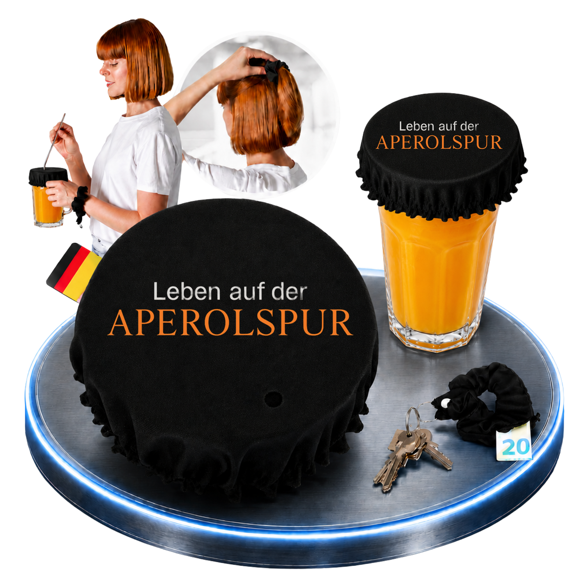 KO STOP® Getränkeschutz Scrunchie 4in1 – Leben auf der Aperolspur