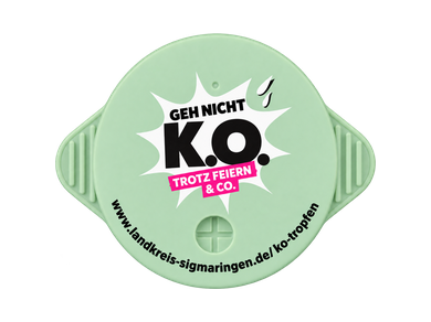 Individuell gestalteter KO STOP Getränkeschutz für die Kampagne „Geh nicht K.O.“ des Landkreises Sigmaringen