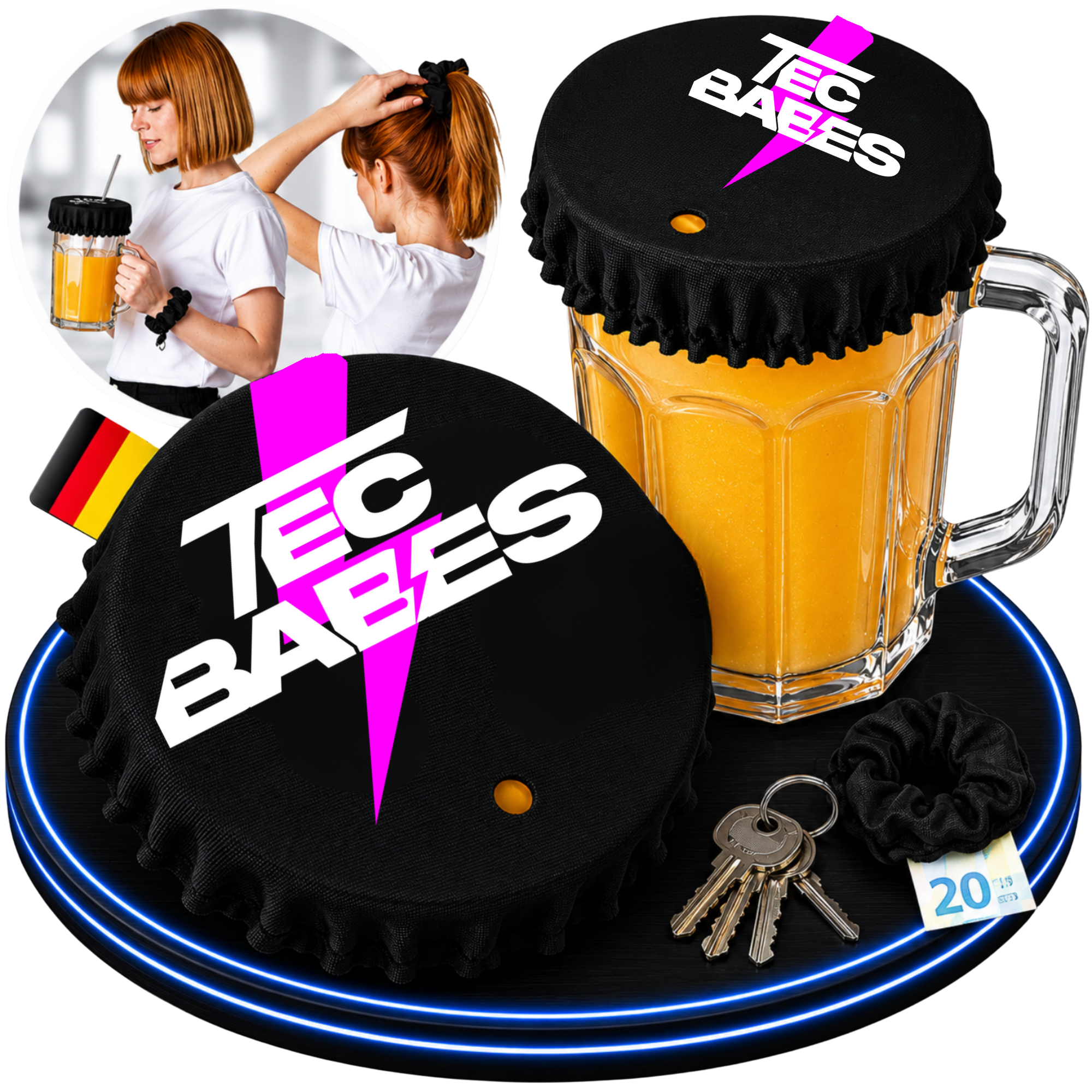 Tecbabes Krugdeckel 1L – 4in1 Getränkeschutz Scrunchie für Events & unterwegs