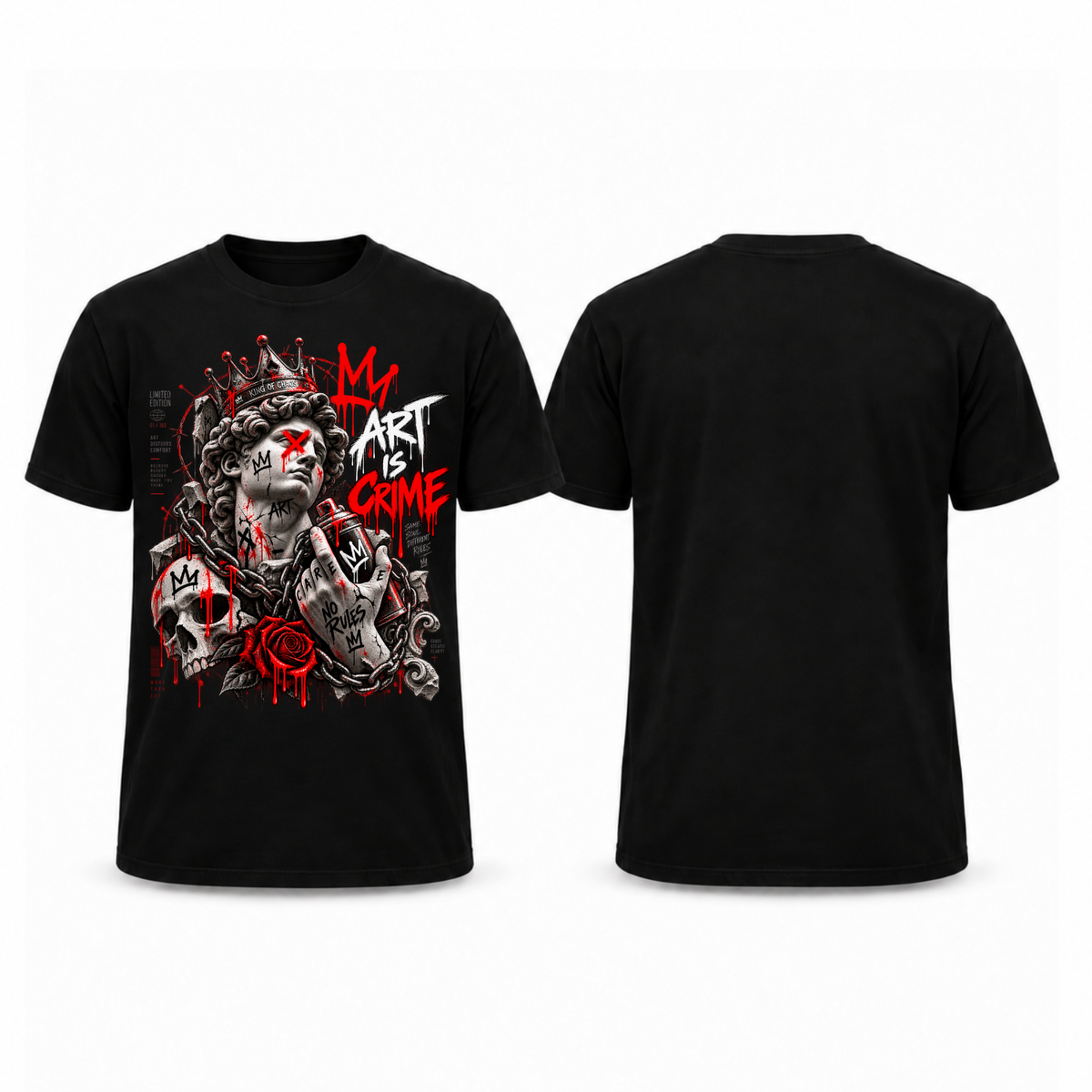 Schwarzes Krayo-Art-T-Shirt mit Art-is-Crime-Frontmotiv: gekrönte Skulptur, Totenkopf und rote Rose