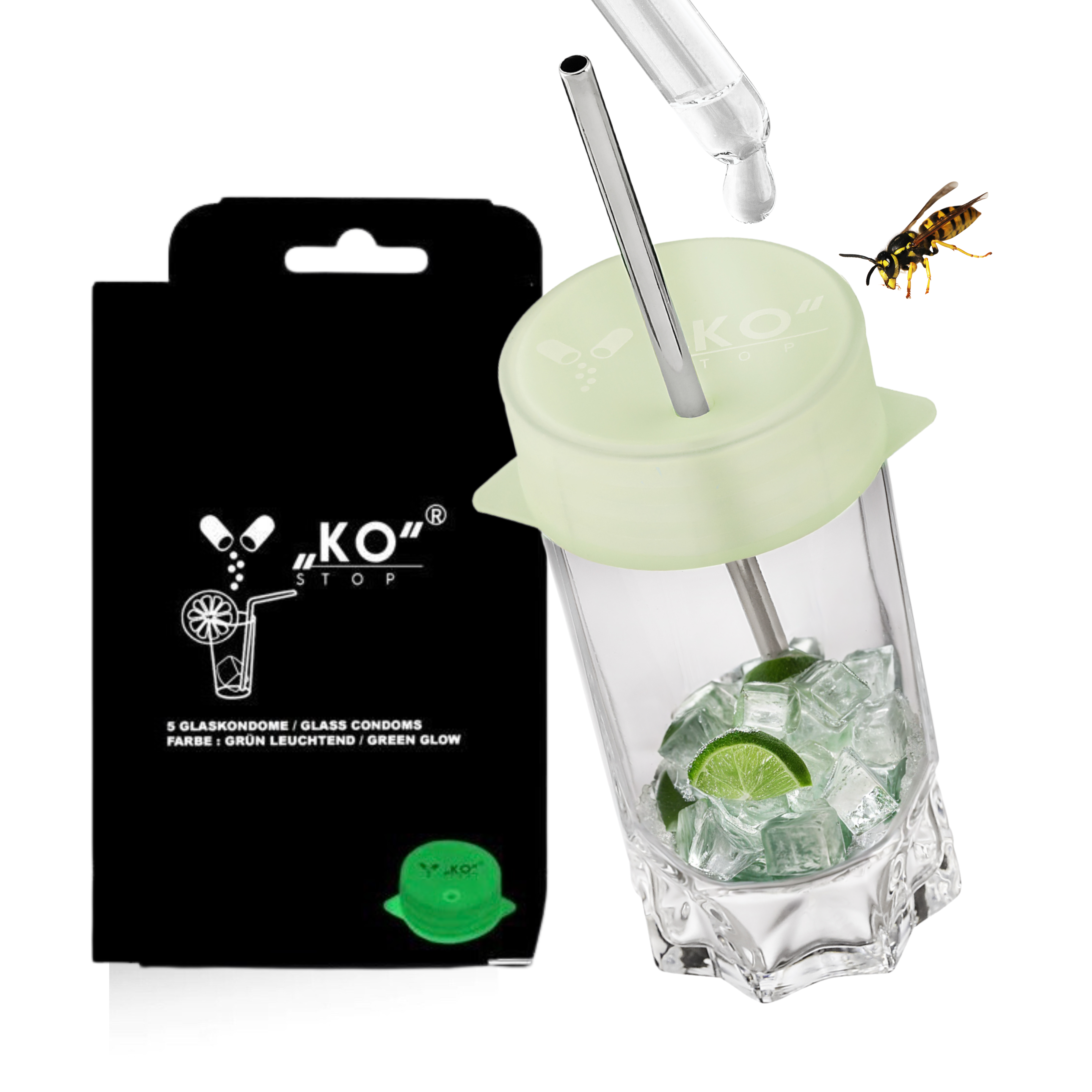 KO Stop® 5er Pack Getränkeschutz gegen K.o.-Tropfen Insekten und Verschüttungen – jetzt mit Leuchteffekt für sicheres Feiern Grün leuchtend
