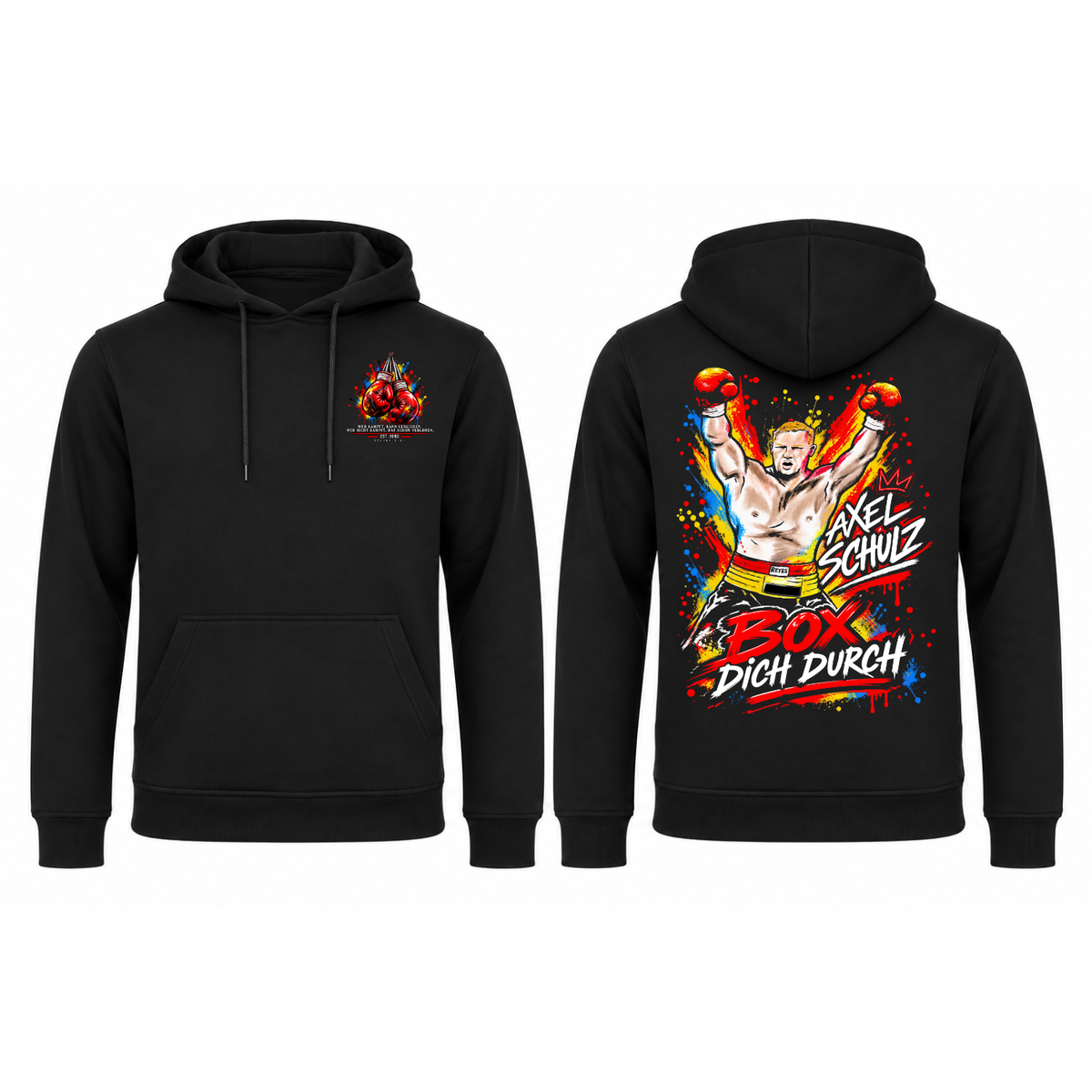 Schwarzer Axel-Schulz-Hoodie AS-BDD-005: Vorderseite mit kleinem Boxhandschuhmotiv auf der linken Brust und Rückseite mit großem „Box dich durch“-Boxermotiv.
