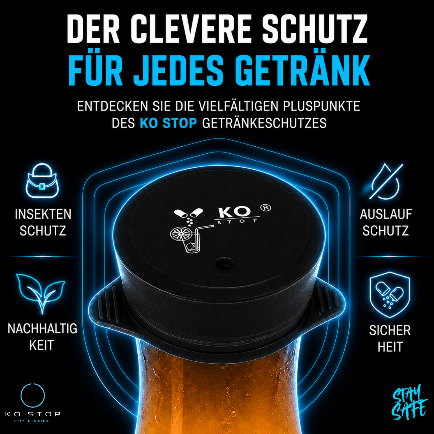 Schwarzer KO STOP® Getränkeschutz auf Getränk mit hervorgehobenen Vorteilen wie Insektenschutz, Nachhaltigkeit, Auslaufschutz und Sicherheit in modernem Neon-Design.
