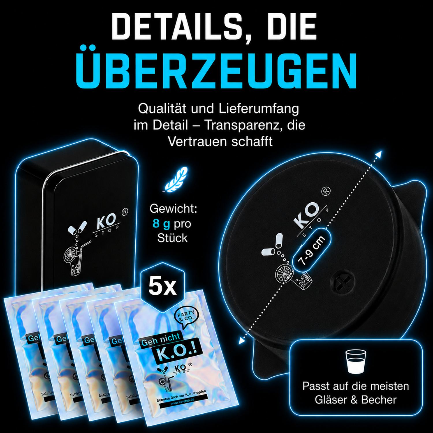 Schwarzer KO STOP® Getränkeschutz mit Aufbewahrungsbox und hygienisch verpackten Einweg-Drinkcovern. Flexibler Silikondeckel passend für viele Gläser und Becher in 7–9 cm Größe.