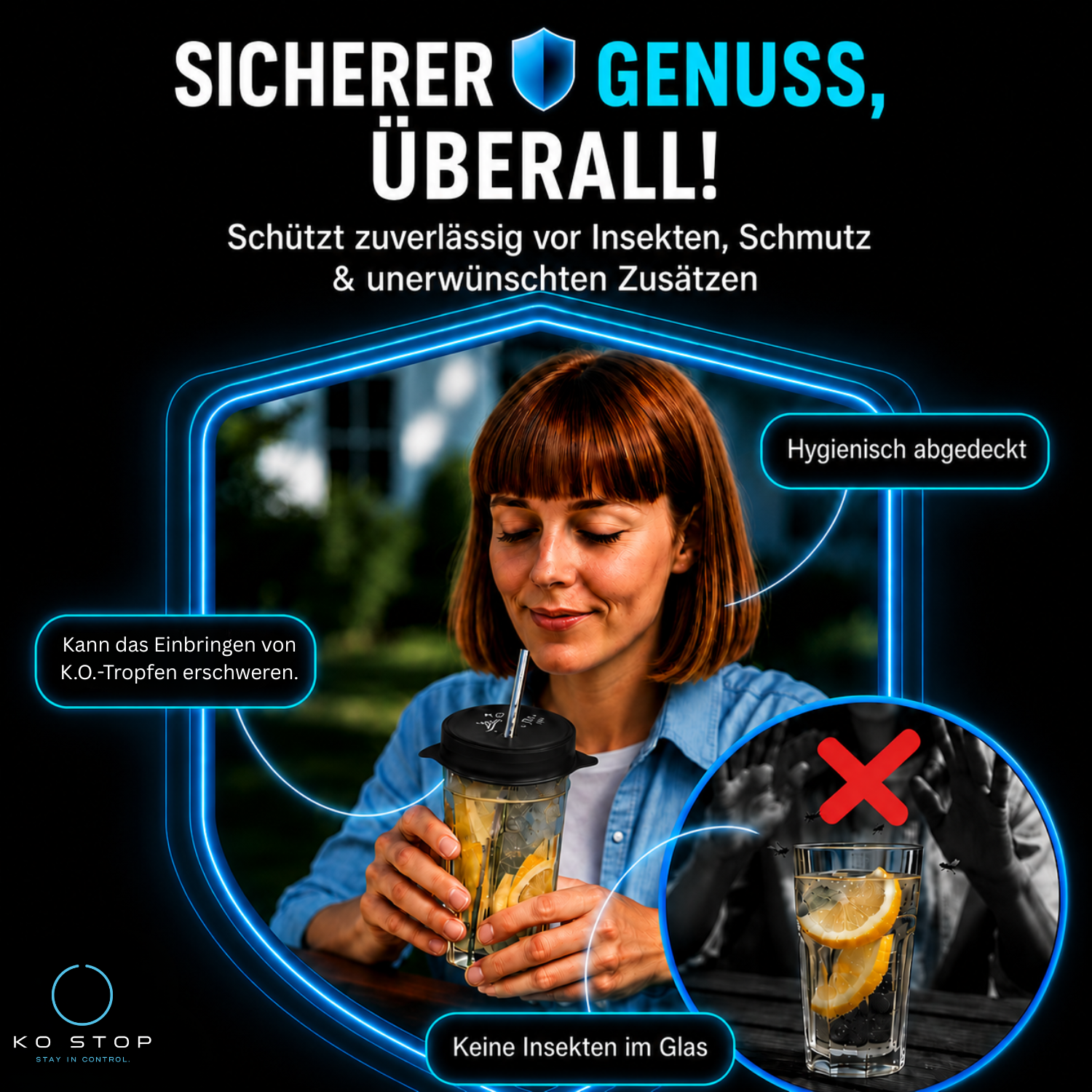 Frau genießt Getränk mit schwarzem KO STOP® Getränkeschutz im Außenbereich. Das Bild zeigt hygienischen Schutz vor Insekten und unerwünschten Zusätzen.