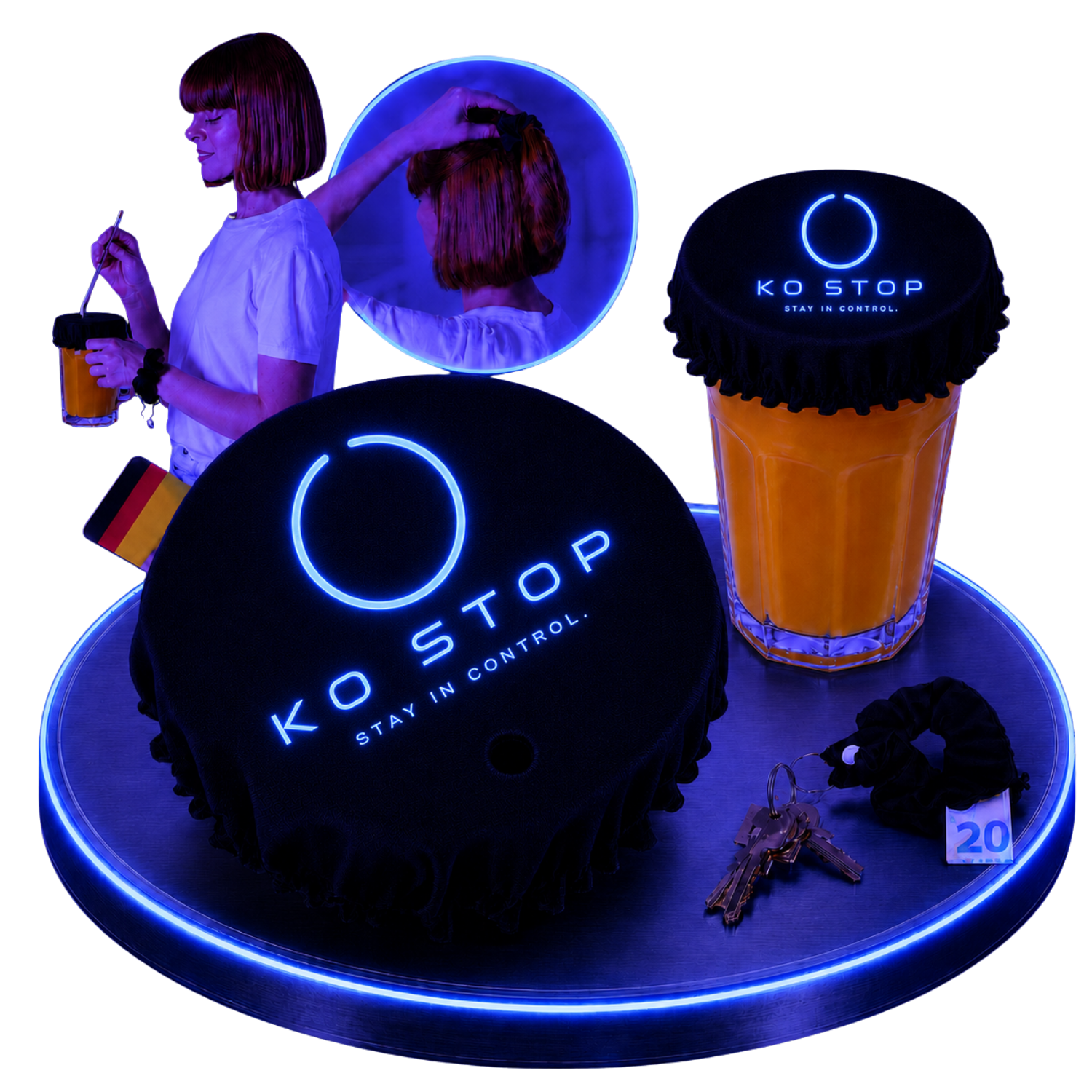 KO STOP® Drink Cover unter UV- und Schwarzlicht. Leuchtendes Logo auf schwarzer Getränkeschutz-Abdeckung in futuristischer Neon-Optik.